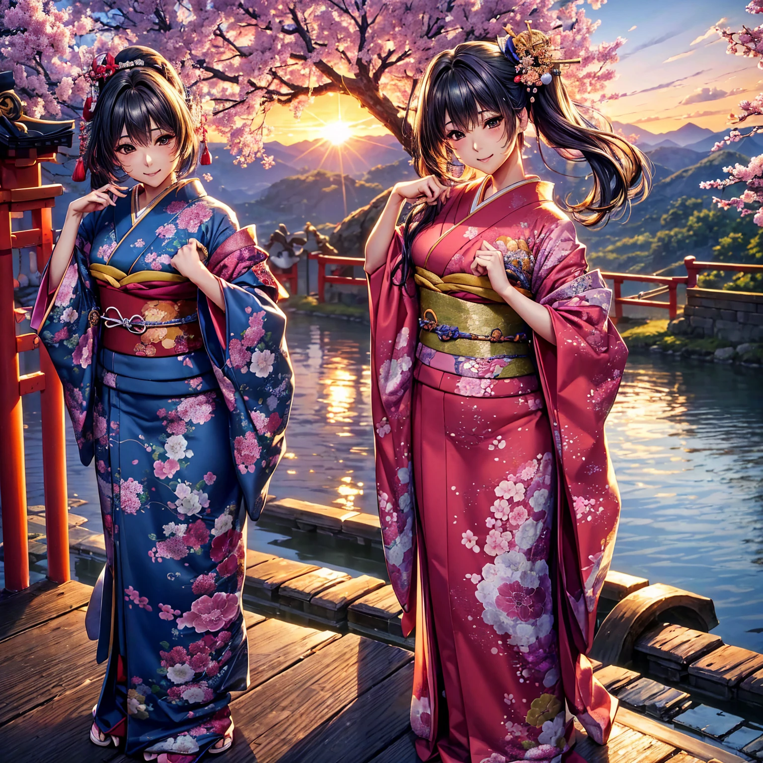 (Highest quality、masterpiece、Very high resolution、Ultra HD、2.5th dimension 1.5)、A woman who combines perfection and ultimate beauty:1 person:18-year-old、Highly detailed face、Highly detailed body、Beauty Painting、Realistic portraits、Beautiful body、Beautiful Face、Perfect figure:Beautiful Breasts F Cup、Medium Short Hair:Colored、Wide variety of hairstyles、Beautiful Hair:Colored、(((Beautiful Japanese Kimono:Japanese pattern:Colored:Shoulders exposed,)))、Realistic textured skin and body、Realistic breast texture、(Beautiful posture:1.5)、Model pose、Sculpture Pose、Photo engraving、photo shoot、Bright smile、Waterside at sunset:Wooden bridge、Illuminated by the setting sun、sunset、Natural waterside、Hair flutters under the influence of the wind、Styling hair by hand、Cherry tree in full bloom、Beautiful views、Beautiful sunset、Exact details、Detailed Images、Accurate Images、Perfect Image