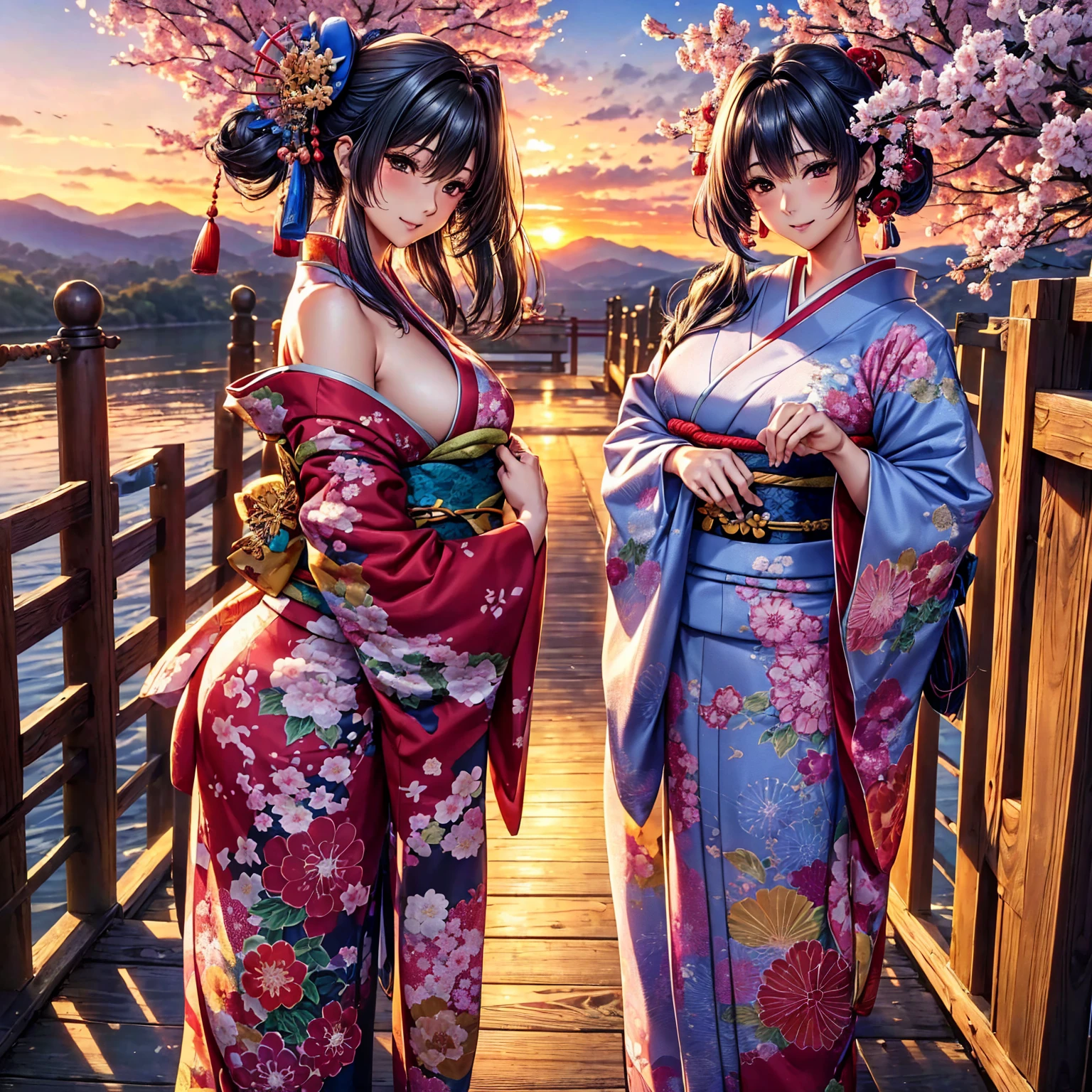 (Highest quality、masterpiece、Very high resolution、Ultra HD、2.5th dimension 1.5)、A woman who combines perfection and ultimate beauty:1 person:18-year-old、Highly detailed face、Highly detailed body、Beauty Painting、Realistic portraits、Beautiful body、Beautiful Face、Perfect figure:Beautiful Breasts F Cup、Medium Short Hair:Colored、Wide variety of hairstyles、Beautiful Hair:Colored、(((Beautiful Japanese Kimono:Japanese pattern:Colored:Shoulders exposed,)))、Realistic textured skin and body、Realistic breast texture、(Beautiful posture:1.5)、Model pose、Sculpture Pose、Photo engraving、photo shoot、Bright smile、Waterside at sunset:Wooden bridge、Illuminated by the setting sun、sunset、Natural waterside、Hair flutters under the influence of the wind、Styling hair by hand、Cherry tree in full bloom、Beautiful views、Beautiful sunset、Exact details、Detailed Images、Accurate Images、Perfect Image
