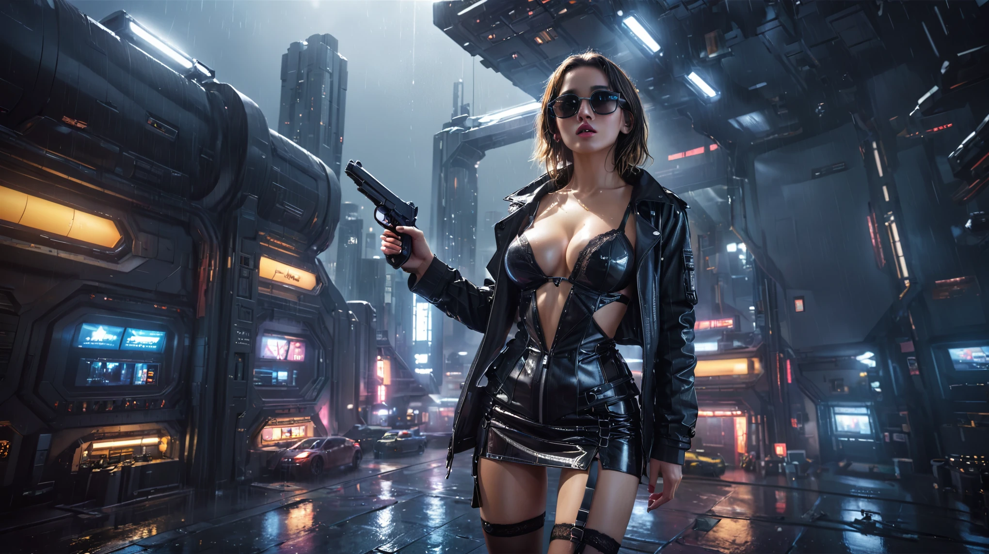 (((aerial view))), Blade Runner style futuristic space station platform, flying cars, neon lights, rainy night. (1girl, solo, alone), large-breast:1.2 slim body, cleavage:1.1, sexy laced lingerie, low angle view miniskirt, jacket, (black sunglasses), (((she raised a pistol:1.8 and shot the viewer))), dynamic pose, (((half-body thigh level medium shot))), cinematic lighting, lens flare, ray tracing.