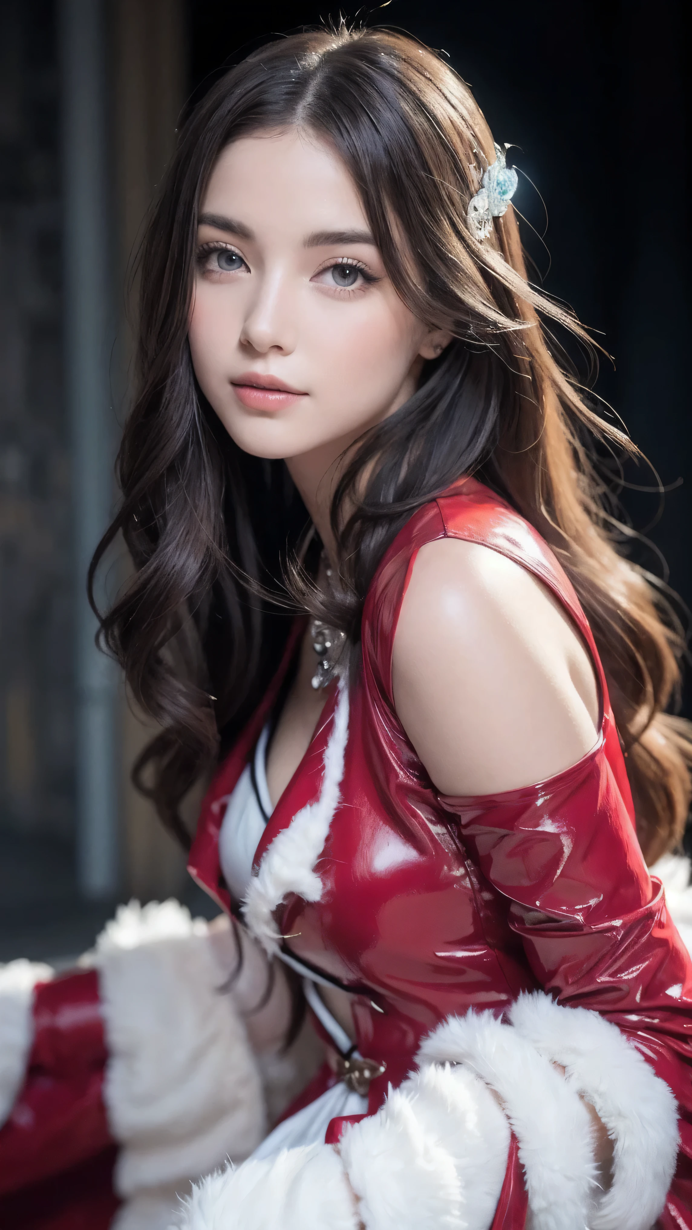 A stunning portrait of Anna Dittman-like beauty, dressed in a fitted red and white dress with fur trim, wide sleeves, and gloves, set against a darker bokeh background. Her long ash-brown hair cascades down her back as she gazes directly at the viewer with a captivating smile (1, 4). Her realistic violet eyes sparkle with intrigue. The focus is sharp, highlighting the intricate details of her outfit, from the delicate patterns to the subtle texture of the fur trim. A stunning example of hyper-detailed close-up photography.latex