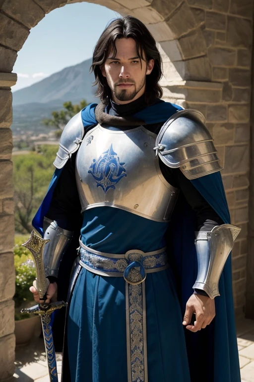 A knight in full armor and blue cape, the knight holds his huge bastard sword, he is in a stone castle, behind him there is a window with the bright sunrise, On the breastplate of his armor there is a symbol carved in the shape of an Ouroboros, a serpent in the shape of a perfect circle devouring its own tail., Keanu Reeves