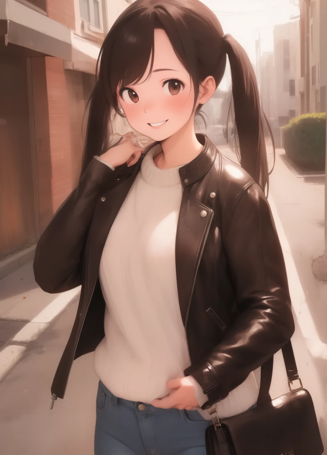 (masterpiece、Highest quality、Highest quality、Official Art、Beautiful and beautiful:1.2)、(One girl:1.3)Hatsune Miku、Twin tails,Beautiful breasts, photograph, Ultra-realistic, Extremely detailed, masterpiece, Highest quality, Perfect Skin,Day焼け肌, One girl, alyxvance,Day, Are standing, Leaning against a wall, Dutch Angle,Modern city, jeans, leather jacket,Long sleeve, Brown eyes,smile, Happy, Portraiture, Upper Body, Brown lipstick,Shiny Hair, Handbag