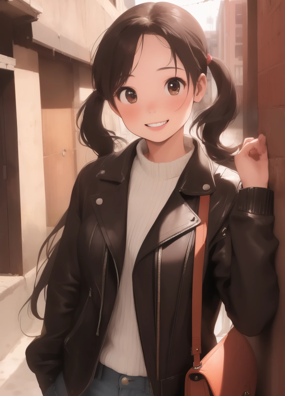 (masterpiece、Highest quality、Highest quality、Official Art、Beautiful and beautiful:1.2)、(One girl:1.3)Hatsune Miku、Twin tails,Beautiful breasts, photograph, Ultra-realistic, Extremely detailed, masterpiece, Highest quality, Perfect Skin,Day焼け肌, One girl, alyxvance,Day, Are standing, Leaning against a wall, Dutch Angle,Modern city, jeans, leather jacket,Long sleeve, Brown eyes,smile, Happy, Portraiture, Upper Body, Brown lipstick,Shiny Hair, Handbag