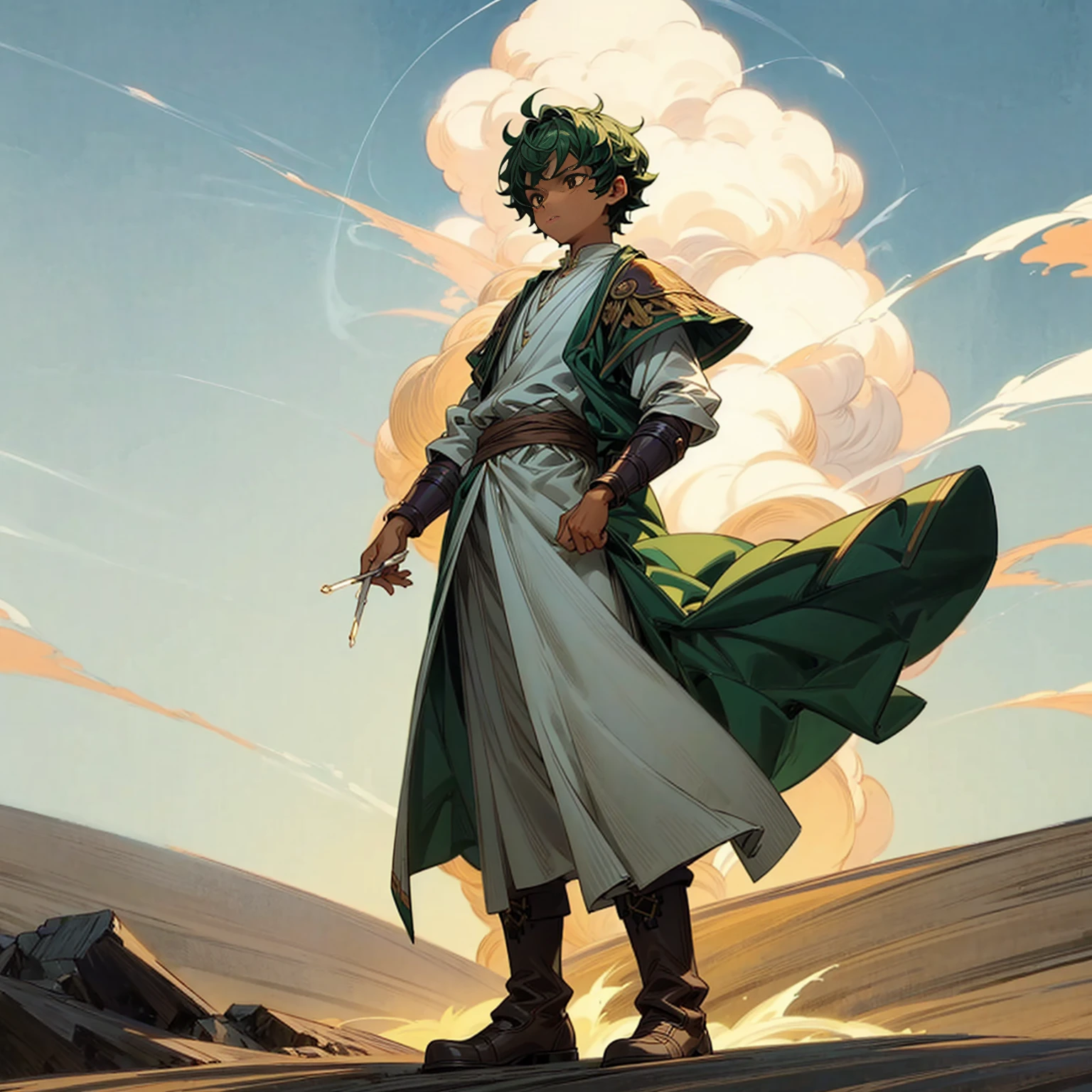 1**********, Full body version, 1character, brown eyes color, dark skin, Curly cut hairstyle, small eyes type, green colour hair, doctor ancient roman clothing style, white color clothing, white Stola, Ancient roman boots, armor vest, Grassroots background in desert, motion blur, lighting, high angle view, smoke in hand, smoke effect on hand 