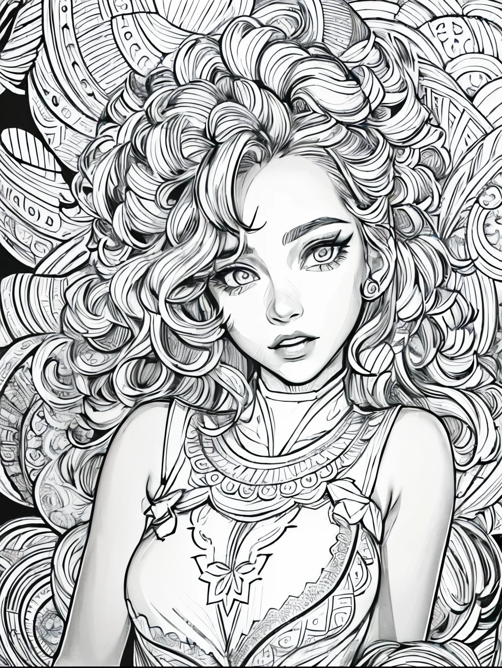 (Black and white coloring book:1.5), line drawings, masterpiece, best quality, ultra-detailed, high resolution, Very detailed face, (Eyes clear and distinct lines), Hair is white color, Upper body shot, A woman in a dress featuring ruffles that move like a salsa dance, Hyper detailed crisp black line draw, ((simple white color)), Fibonacci
