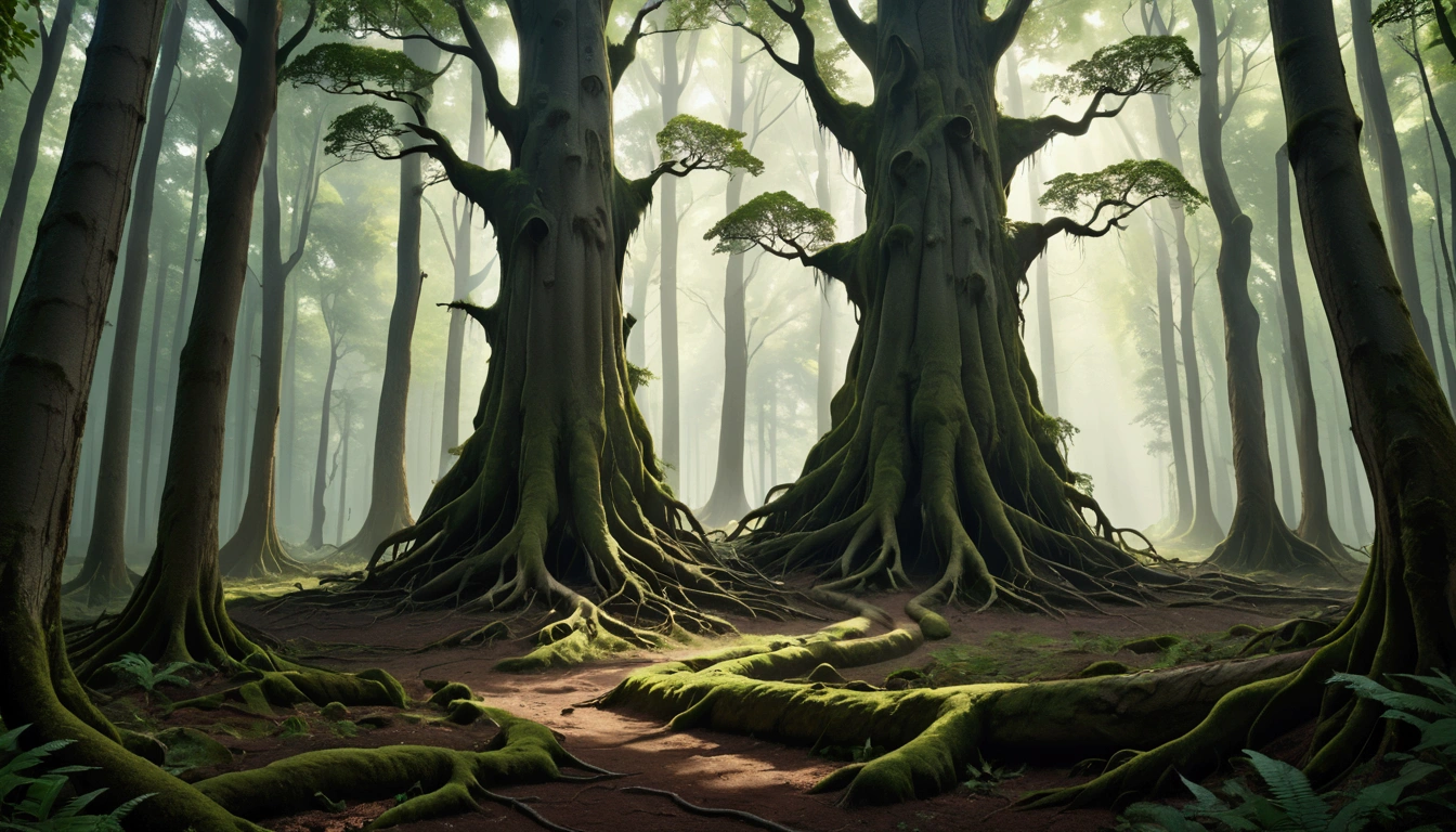 dark and dense forest at day, tall trees with thick tree roots, no path