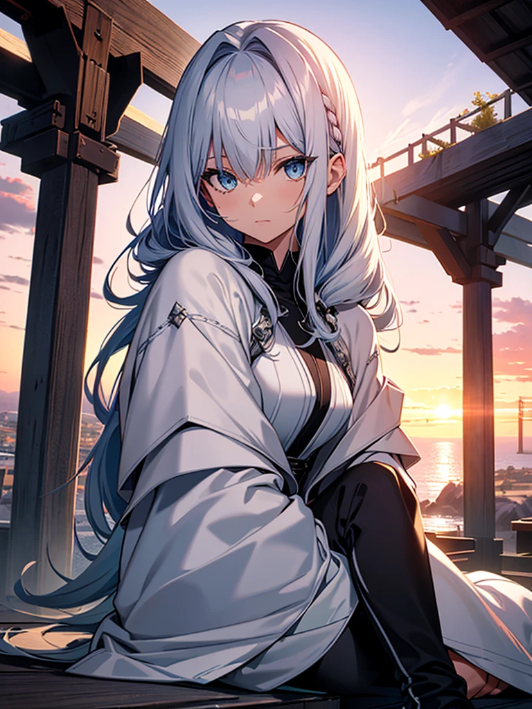 Kizi, blue colored eyes, white hair with dark ends, Mediovale, skin fair, serene gaze, loose hair, female armor, Plata, Sheathed sword, sitting, cliff, sunset, Kingdom, white poncho, アニメ, looking to the horizon