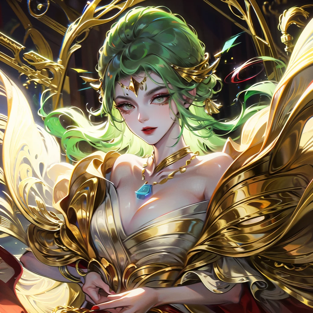 A gypsy with green eyes and black hair, White top with gold medal and red skirt with ruffles, Shell necklace.,