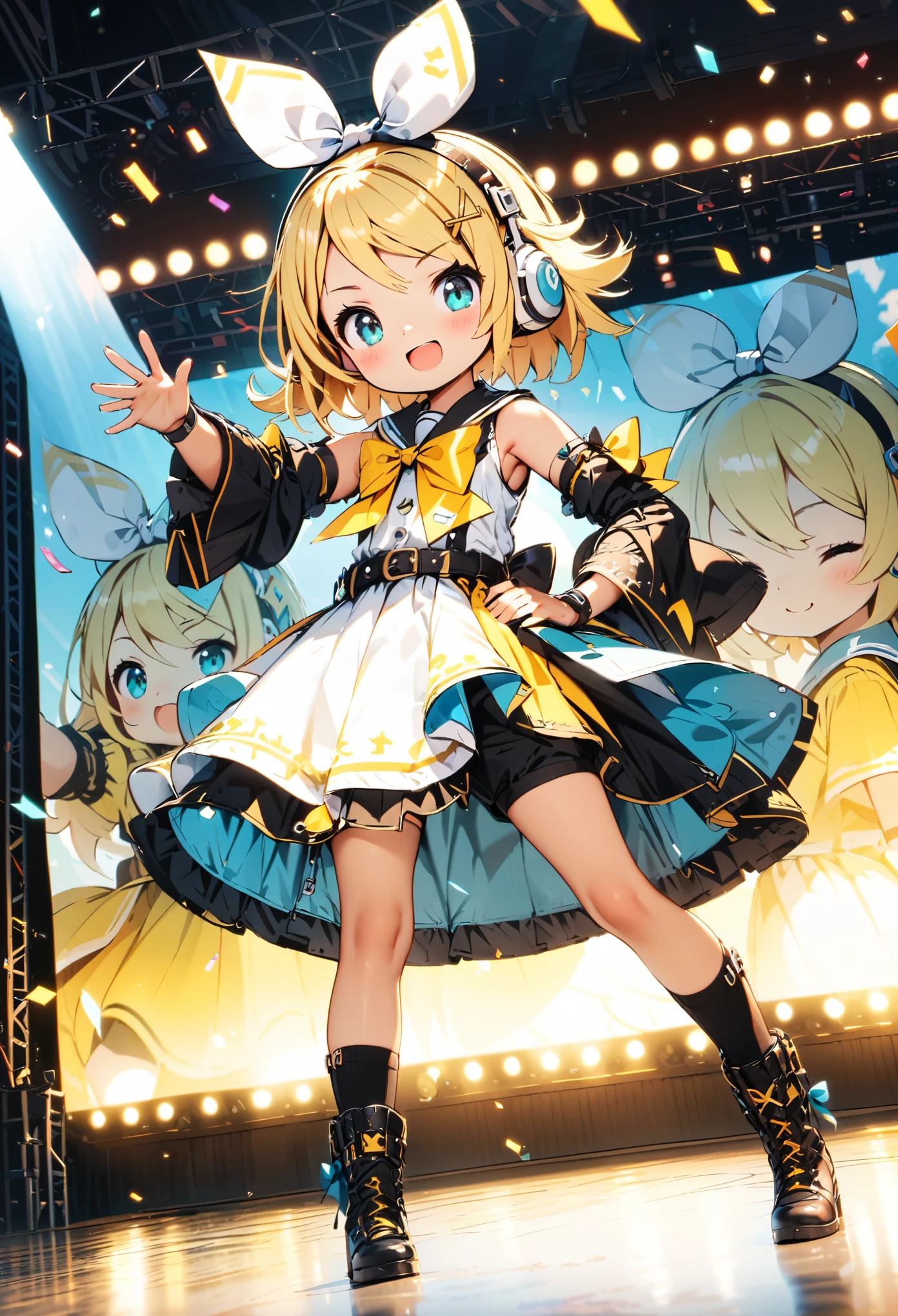 KAGAMINE RIN\(vocaloid\),solo,1female\(cute,kawaii,age of 10,KAGAMINE RIN\(vocaloid\),light yellow hair, short hair,red tattoo of numbers"02" on shoulder,(big white bow),sleeveless white shirt,detached black arm bell sleeves,(arm sleeves are black bell sleeves:1.2),belt,sailor collar,yellow wide tie,white headphones,black shorts,black knee high leg warmers,yellow key strap at belt,open shoulder,singing and dancing,(very cute pose:1.4),(korean idol pose:1.4),dynamic pose,(cute big smile),(full body),looking away\), BREAK ,background\((live stage),colorful confetti,pastel color spotlights,(many colorful music notes),(many audience waving yellow glow sticks at audience seats),\), BREAK ,quality\(8k,wallpaper of extremely detailed CG unit, masterpiece,hight resolution,top-quality,top-quality real texture skin,hyper realisitic,increase the resolution,RAW photos,best qualtiy,highly detailed,the wallpaper,cinematic lighting,ray trace,golden ratio\),RIN is so so cute,dynamic angle,long shot,wide shot,(aerial view:0.4)