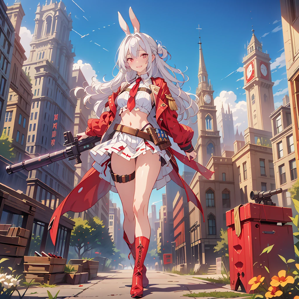 (masterpiece), Highest quality, Fantasy art, One girl,alone, a girl firing her long machine gun in Wonderland, white_hair, long hair, anger, Grin, smile, (red_Food:1.4), Bunny ears, Long coat, skirt, boots, (((Ammunition belt))), gun, Bullet casing, machine gun, arms, (Wonderland:1.2), city