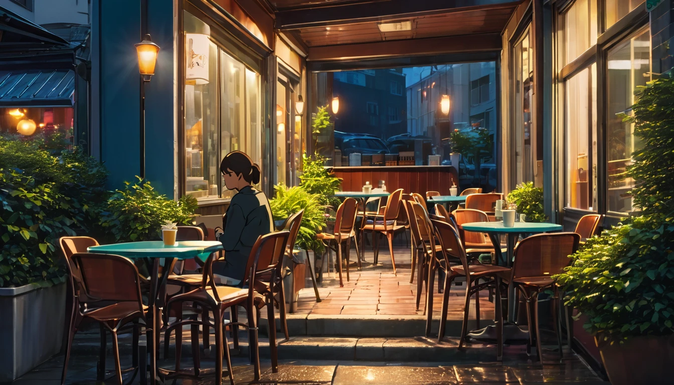 Outdoor chairs and tables, coffee shop, City lights, night lighting, From the outside, perspective, Shining Light, Fujicolor, Colors like Ghibli, Ultra-high resolution, retina, masterpiece, Accurate, Anatomically correct, Textured skin, Highly detailed face, Attention to detail, Awards,Sitting,21 years old,woman