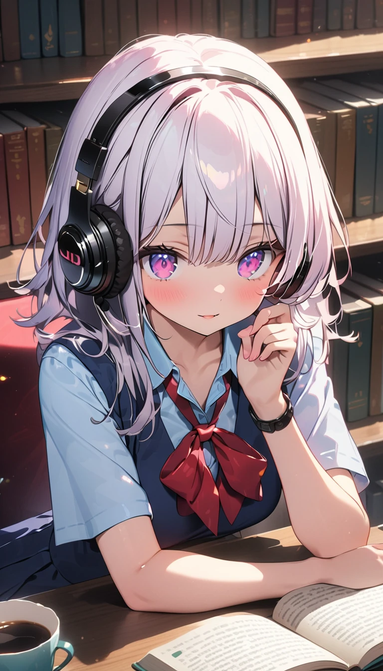 (Best quality, 8k, 32k, Masterpiece, UHD,:1.2),RAW, 1girl,ultra cute , natural lighting,transparent shining eyes, 20yo ,fair complexion, solo, female, white hair, ((school uniform)), sexy, headphones, library, studying,