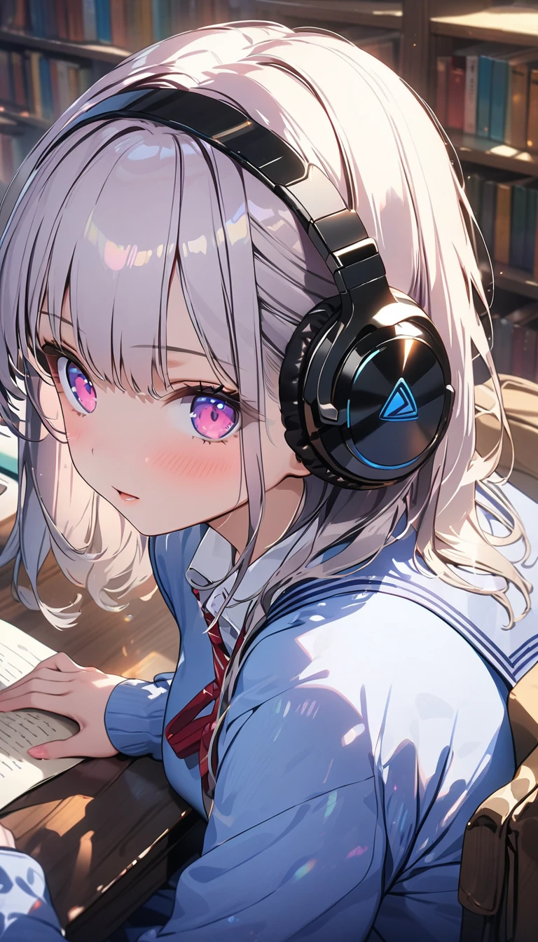 (Best quality, 8k, 32k, Masterpiece, UHD,:1.2),RAW, 1girl,ultra cute , natural lighting,transparent shining eyes, 20yo ,fair complexion, solo, female, white hair, ((school uniform)), sexy, headphones, library, studying,