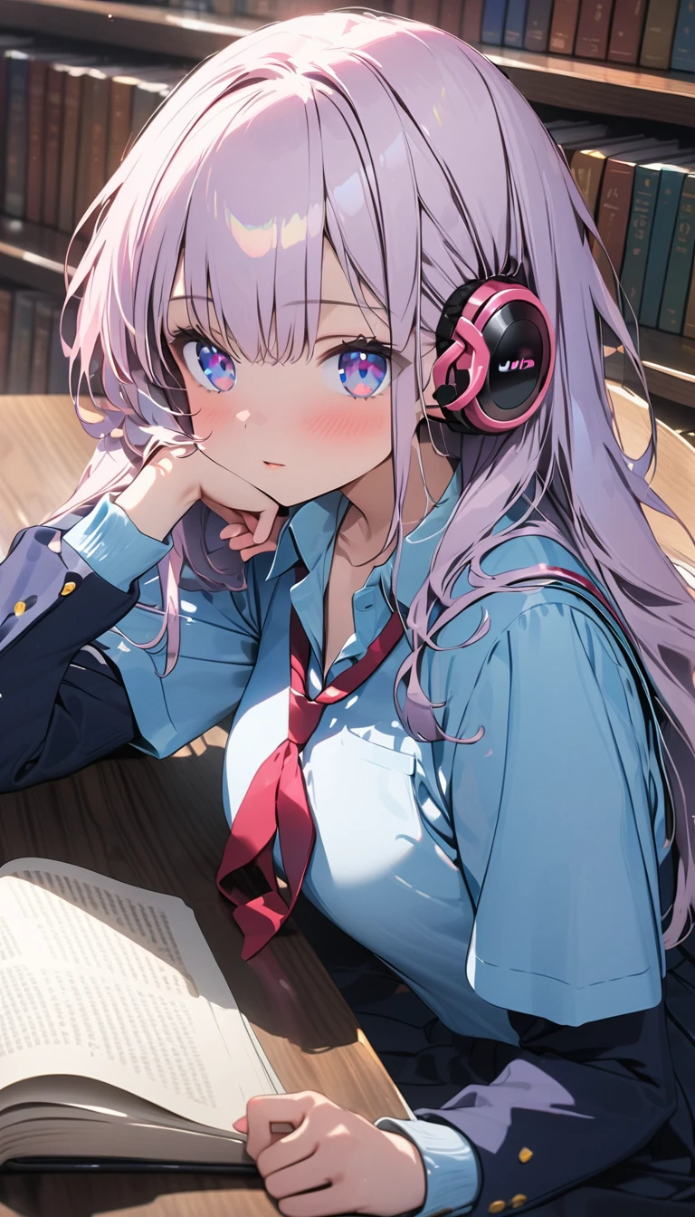 (Best quality, 8k, 32k, Masterpiece, UHD,:1.2),RAW, 1girl,ultra cute , natural lighting,transparent shining eyes, 20yo ,fair complexion, solo, female, white hair, ((school uniform)), sexy, headphones, library, studying,