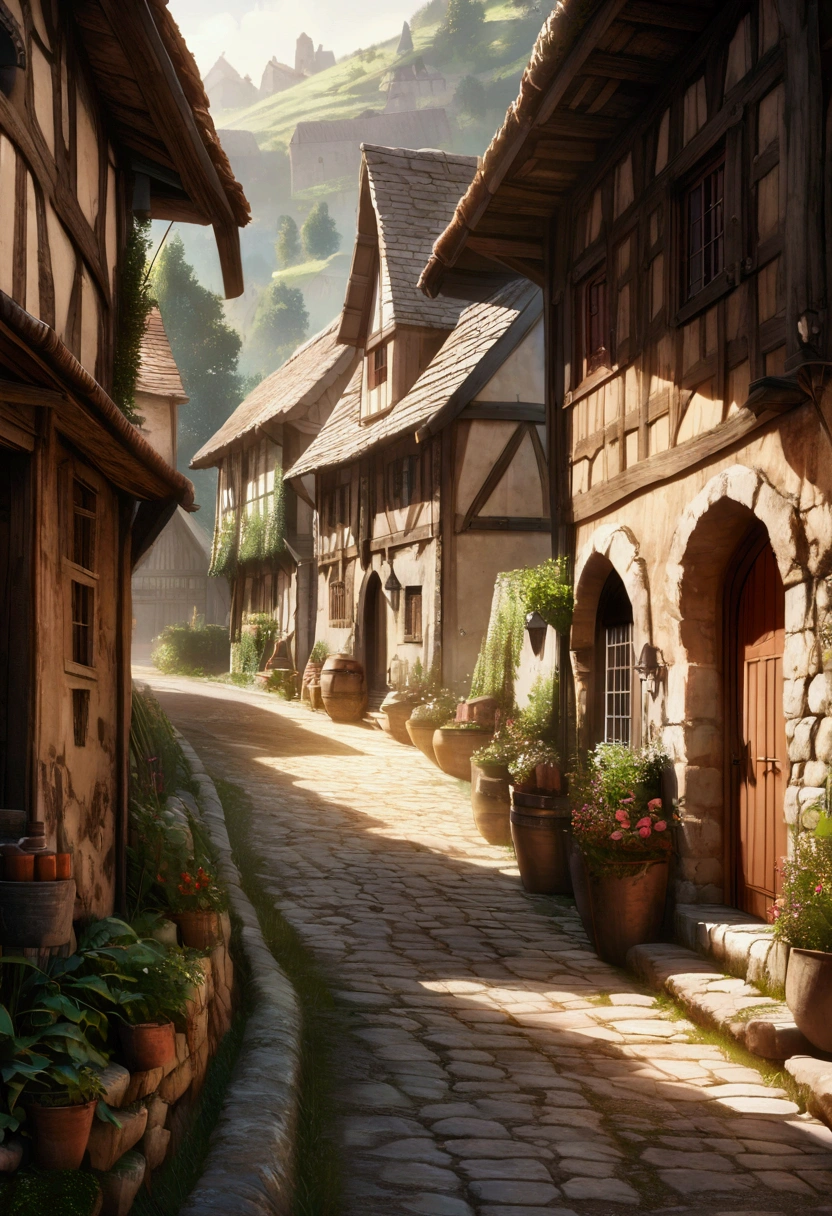 a medieval village, huts with stone walls and roofs, a dirt path, extremely detailed, terracotta rock texture, medieval architecture, cobblestone streets, thatched roofs, warm lighting, golden hour, natural tones, dramatic shadows, rolling hills, lush greenery, picturesque landscape, intricate details, atmospheric fog, rustic charm, realistic rendering, masterpiece, photorealistic, 4k