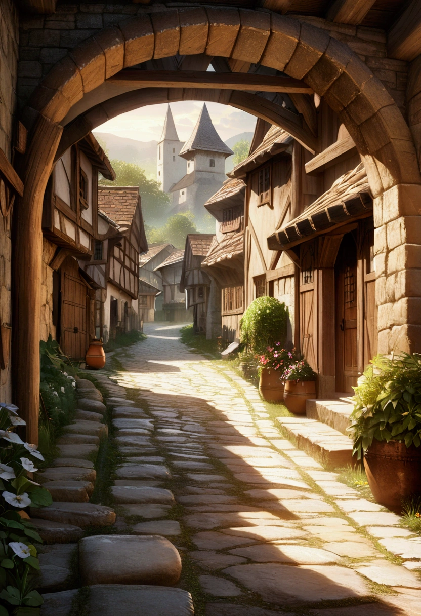 a medieval village, huts with stone walls and roofs, a dirt path, extremely detailed, terracotta rock texture, medieval architecture, cobblestone streets, thatched roofs, warm lighting, golden hour, natural tones, dramatic shadows, rolling hills, lush greenery, picturesque landscape, intricate details, atmospheric fog, rustic charm, realistic rendering, masterpiece, photorealistic, 4k