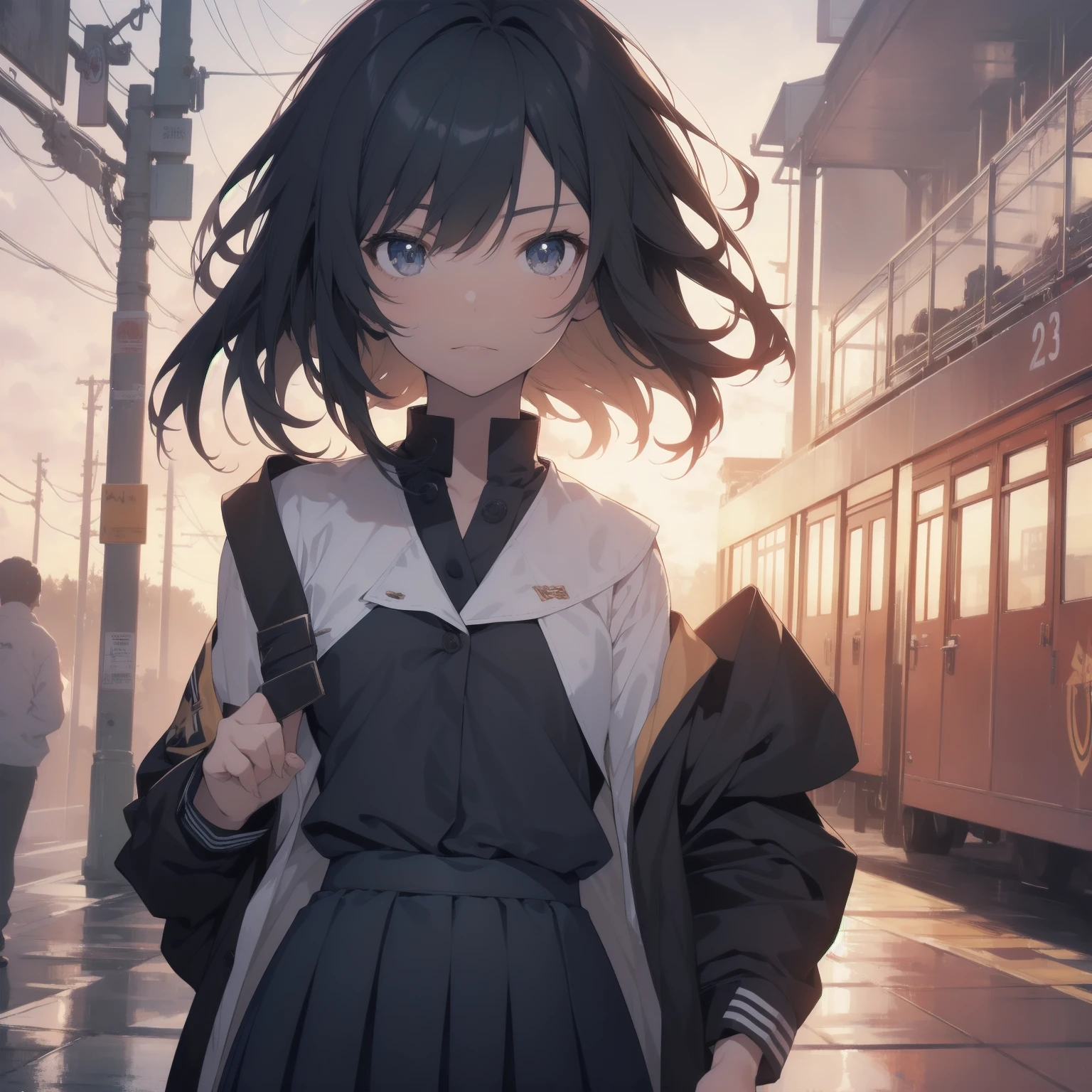 ultra-absurdres-Top quality by artist God, ultra-detailed, high resolution, anime moe artstyle, best anime 8k konachan wallpaper, pixiv contest winner, pool:2810, perfect anatomy,break, 1girl, (Please draw a girl walking sleepily to school alone. )break,(Solo,little female, 13-year-old:1.3),Full limbs, complete fingers,a junior high school student, (very short hair), short cut, flat chest, , small butt, small black eyes, beautiful detailed eyes, well-proportioned iris and pupils, expressive eyes, highres detailed hair, soft expression, salor school_uniform, sailor collar, serahuku, bow, pleated skirt,(Detailed Lighting), (Detailed background), in the School commute route. break,super detailed skin, Best cinematic lighting powered by famous artist, 8k,beauty illustration,photoshop_(medium),very aesthetic,break,((artist:kotorai )), artist:clamp ,artist:carnelian ,artist:kantoku ,