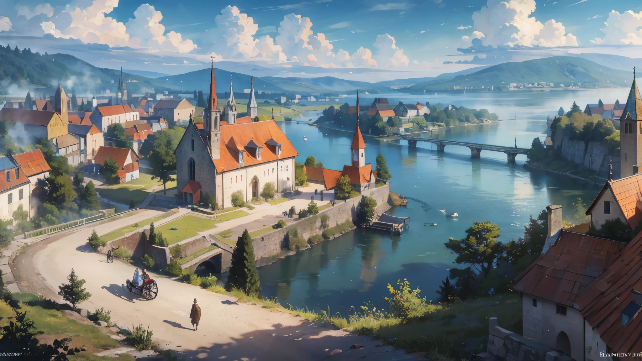 A medieval fantasy world where a horse-drawn carriage runs along a forest road along a river leading to a lake, passing travelers, and a small village with a church can be seen in the distance.