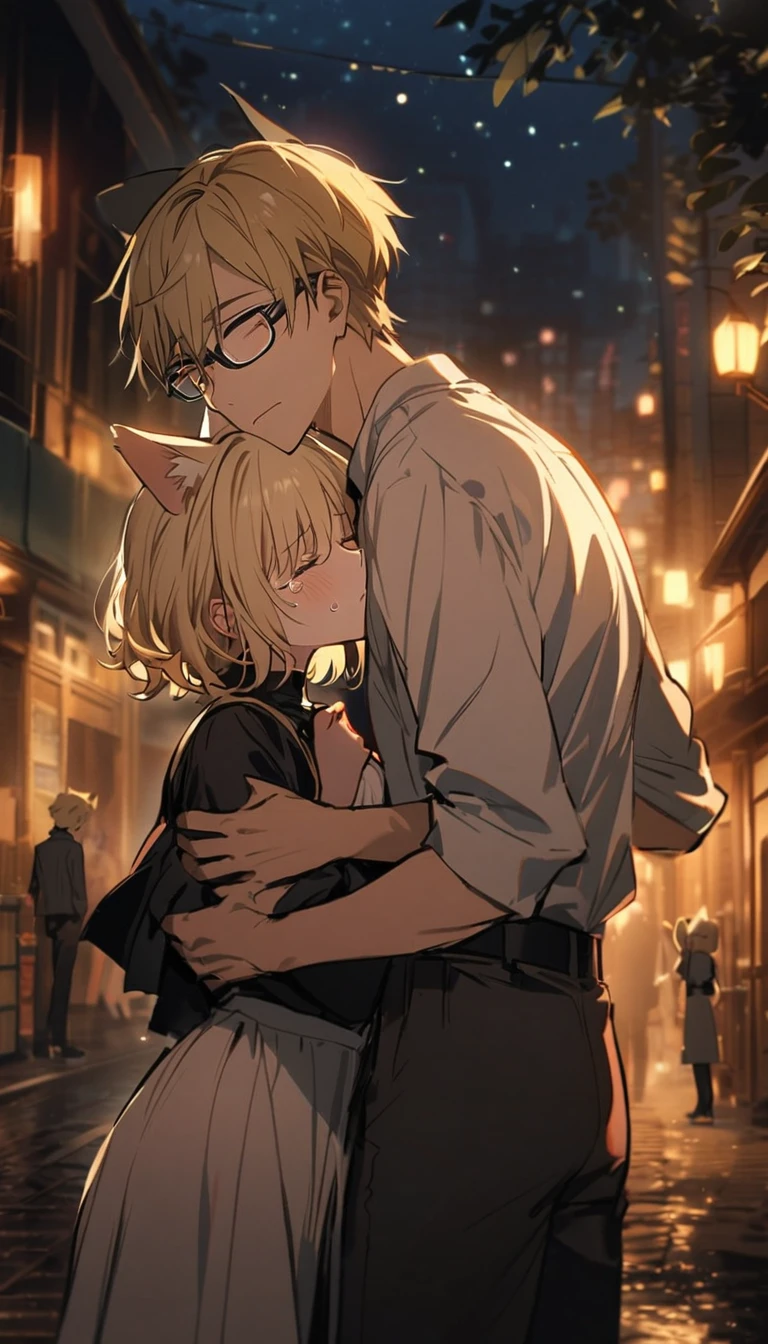 two people, one boy one girl, both are blond hair, the girl has cat ears, the boy wear glasses, the girl is crying, the girl hugs the boy, boy back to the viewer, night, standing, closing eyes