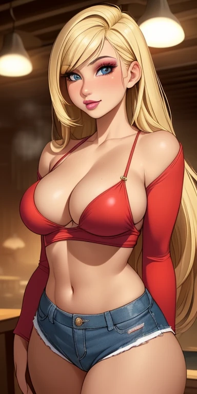 masterpiece), (portrait), medium breasts (aesthetics), ((1 28 year old girl)), ((long straight hair)), ((cute punk natural blonde hair)), hair bangs, thin eyes and open, blue eyes, round breasts, feminine, woman, feminine features, high quality, aesthetic clothing, professional angle, (rule of thirds), feminine features, solo, (attractive Korean woman), summer, (ink fog), (afternoon), (vibrant light), seductive posture, ((face looking forward)), red cropped top, long sleeve, long hip hop top, beautiful stylish and bold black shorts, socks ((Energy)), (Bold makeup ), (Average breasts), Tanned skin, (Clothes with Hop hip details), (Cropped top), (Beautiful neckline), beautiful body, beautiful eyes, bright eyes, seductive smile, beautiful mouth, beautiful lips, (best quality , ultra detailed, photorealistic: 1.39 ), bright and vibrant colors, studio lighting, romantic expression, seductive, seductive, party, beautiful pool, cute girl pose
