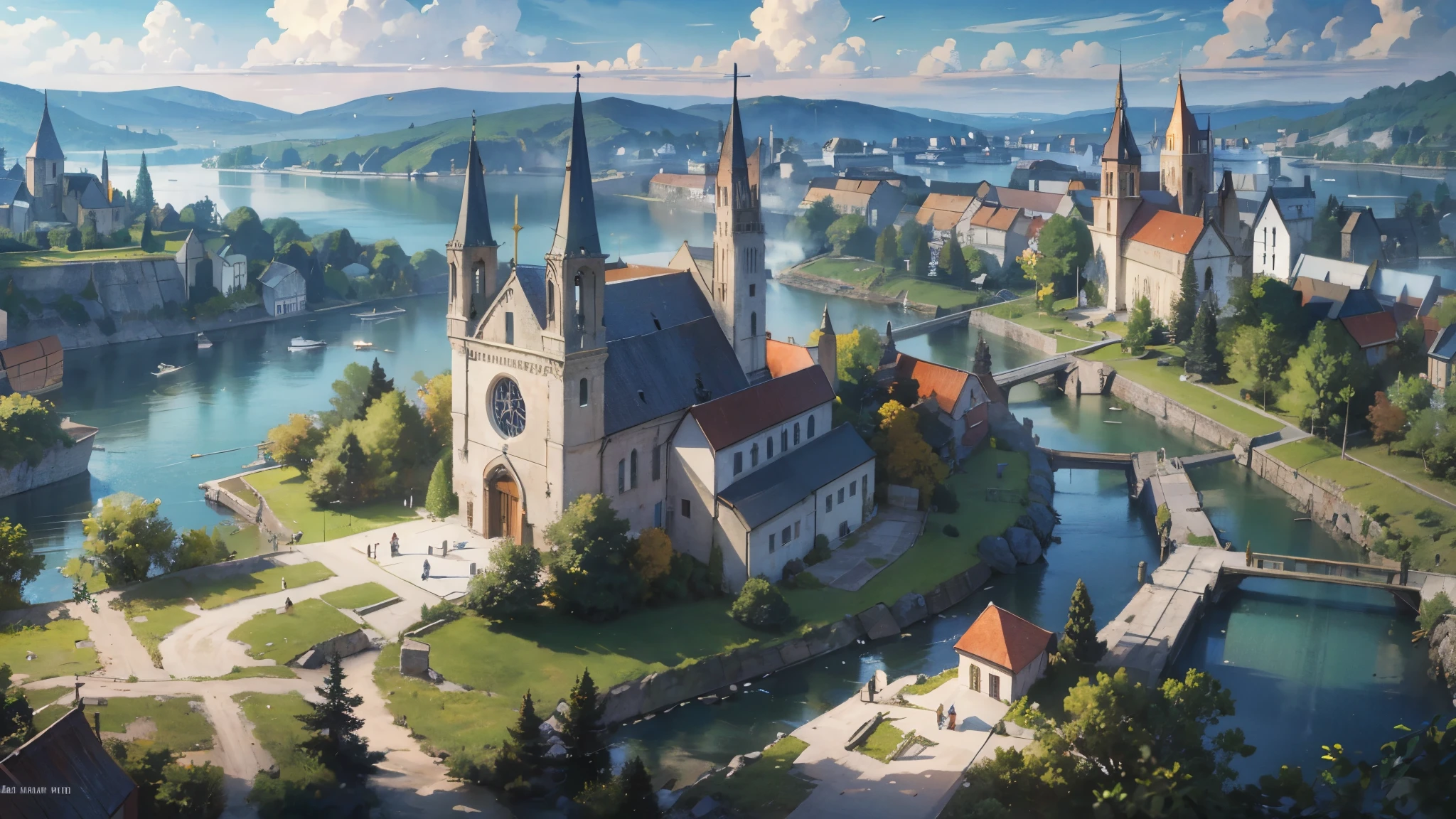 A medieval fantasy world where a horse-drawn carriage runs along a forest road along a river leading to a lake, passing travelers, and a small village with a church can be seen in the distance.