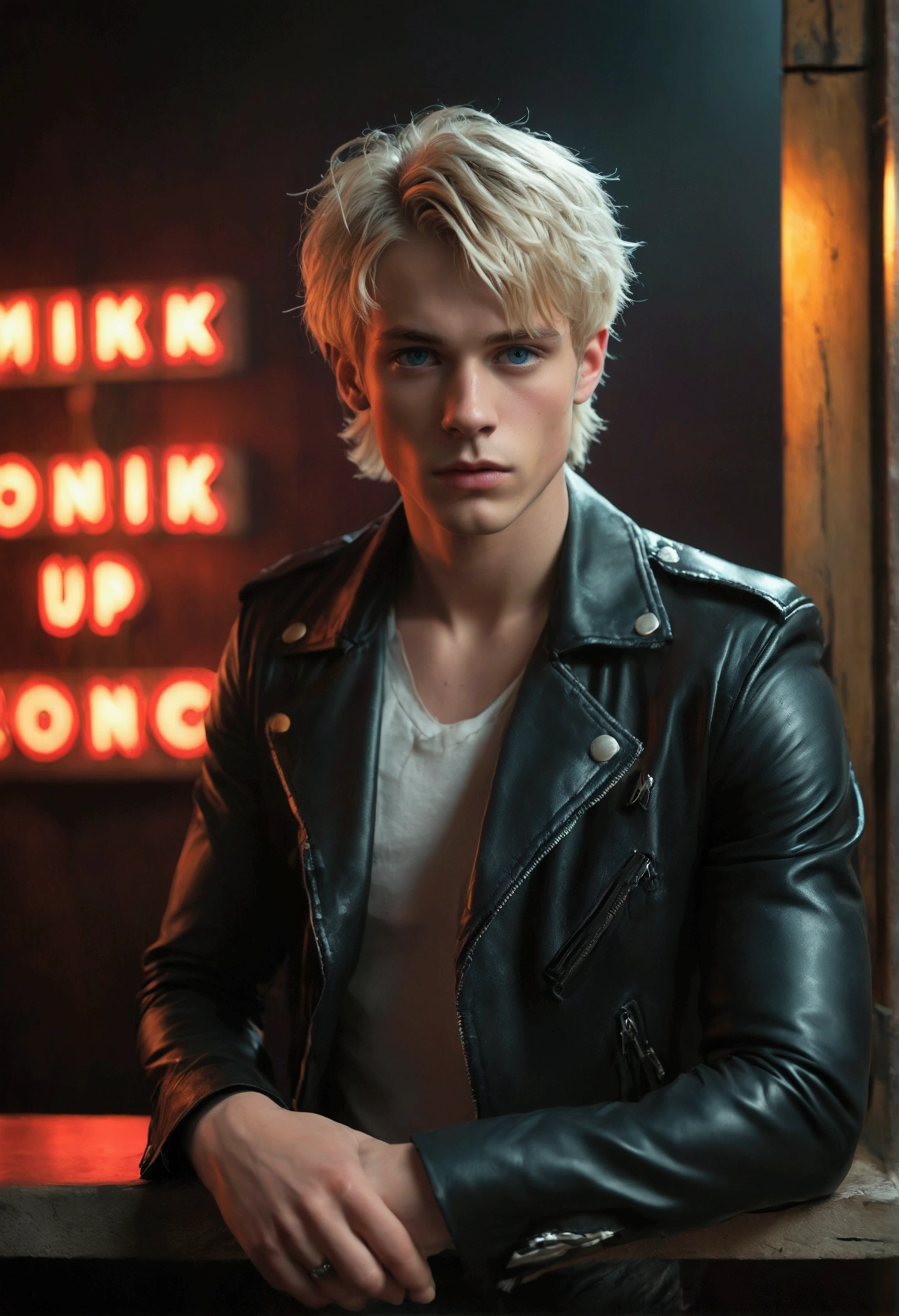 Hyper realistic, dark vibes, solo, young male fashion model Dominik Sadoch, boyish, 22 years, pale skin, blue eyes, (short textured blond hair:1.1), layered bangs, black leather jacket, dark lighting, in luxury strip club room, (smirk:1.1), (holding a knife up:1.1), (neon sign in background that says "CONTEXT":1.1)