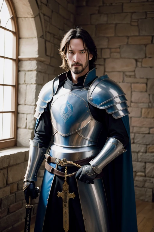 A knight in full armor and blue cape, the knight holds his huge bastard sword, he is in a stone castle, behind him there is a window with the bright sunrise, On the breastplate of his armor there is a symbol carved in the shape of an Ouroboros, a serpent in the shape of a perfect circle devouring its own tail., ouroboros, Ouroboros in armor, ouroboros, golden Ouroboros symbol, Keanu Reeves
