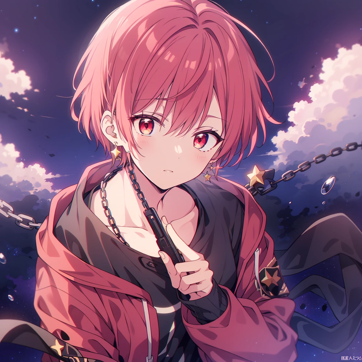 (Highest quality), (masterpiece), 1080P, High resolution, 4K, 8k, boy, Short Hair, black Parker, hoodie, Wearing a hood, Red hair, Red Eye, Upper Body, Night Sky, Starry Sky, shooting star, Pistol, scarf, chain, Earrings