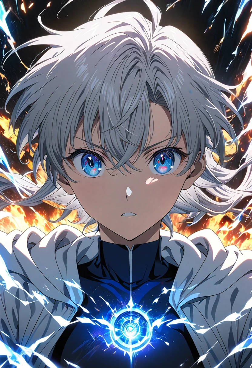 19 years old, anime character with blue Devil Eye, Tall anime guy with blue eyes, Gray Hair, Amazing anime 8k, Detailed digital anime art, Energy Man&#39;s spectacular animation, Spectacular anime style, Anime Moe Art Style, Key Anime Art, Anime Man, trigger anime art style, Male Anime Characters, Lighting around him, Angry expression, Devil Eye, power of lightning
