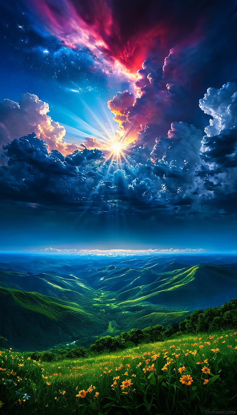 summer sky,photorealistic,highly realistic,extreme details,breathtakingly realistic,high contrast realism,high saturation realism,vibrant colors,dramatic lighting,captivating landscape,compelling storytelling,atmospheric scene,mesmerizing visuals,intricate details,strong emotions,celestial beauty,dreamlike world