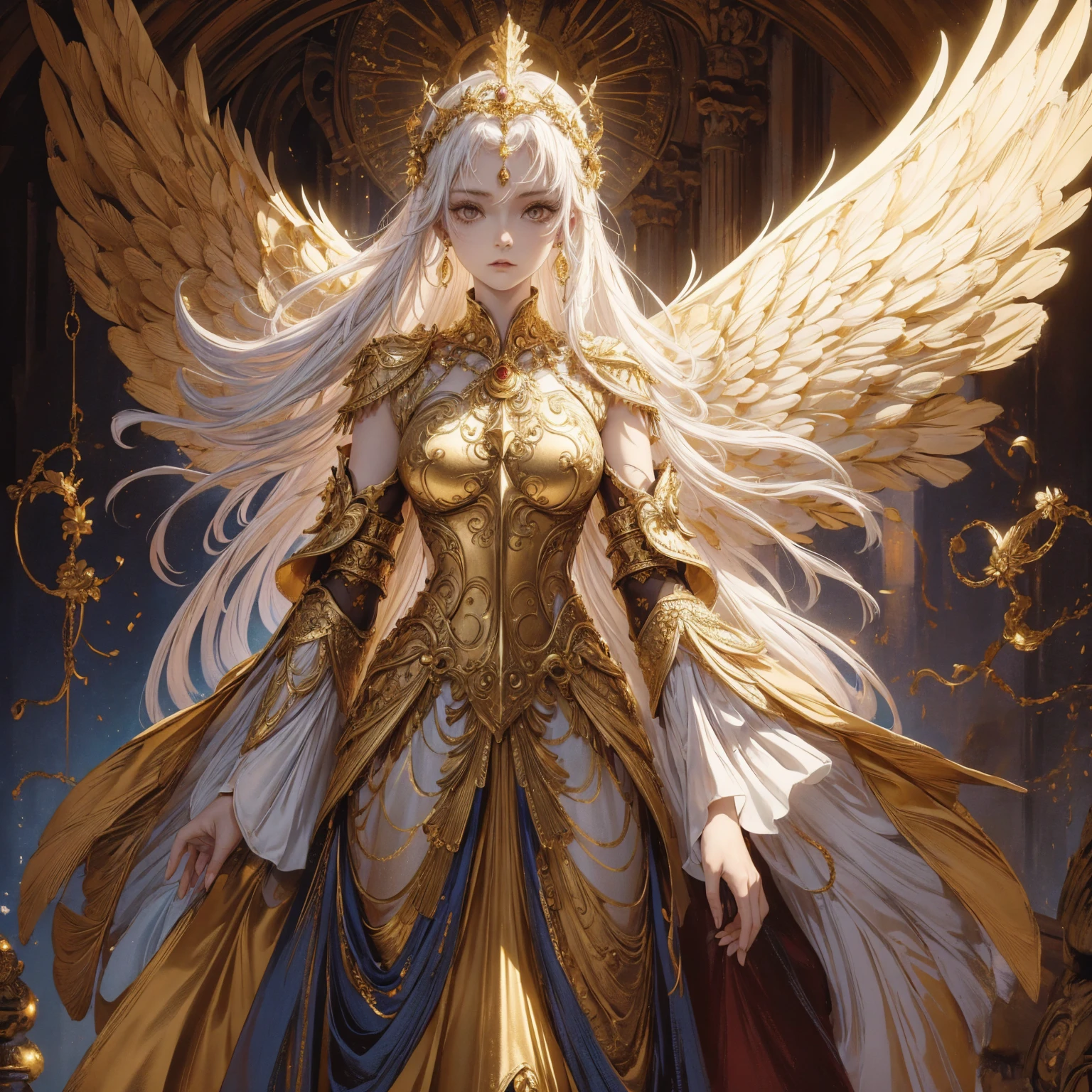 Art of Woman Wearing Sun Crown, Wearing a gorgeous golden breastplate that exposes a small amount of skin above the chest, Wearing a gorgeous golden dress, A pair of giant angel wings taller than the body spread out behind the woman., ancient goddess art, Sacredness. Very detailed, Mysterious inspiration, Inspiration from the Sun God, Religious inspiration, Cold and snobbish face, Dangerous expressions, White hair, Standing, Full body portrait, Gothic art style, Weird art style, Occult art