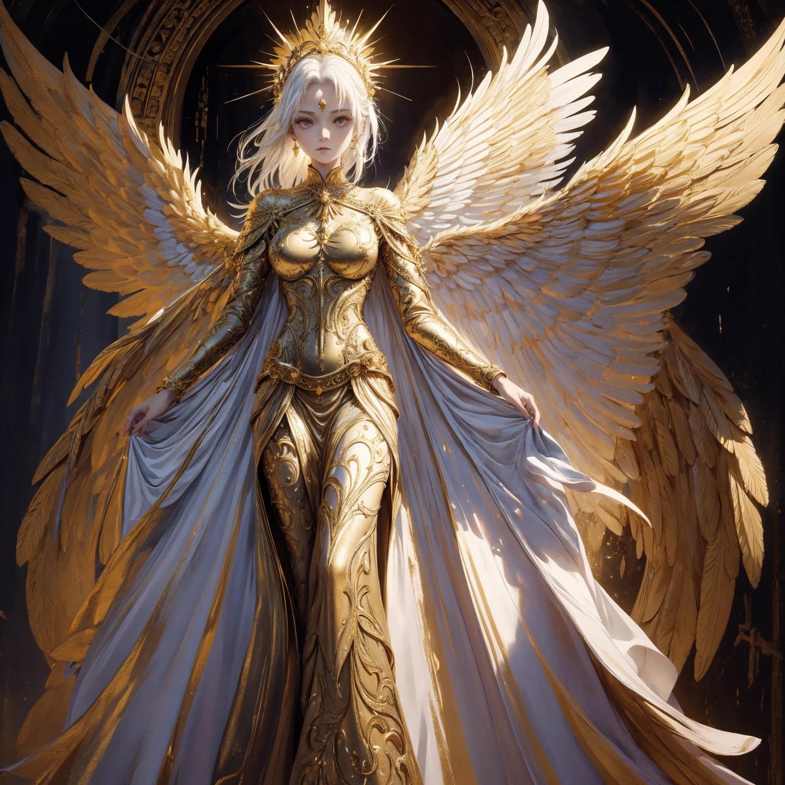 Art of Woman Wearing Sun Crown, Wearing a gorgeous golden breastplate that exposes a small amount of skin above the chest, Wearing a gorgeous golden dress, A pair of giant angel wings taller than the body spread out behind the woman., ancient goddess art, Sacredness. Very detailed, Mysterious inspiration, Inspiration from the Sun God, Religious inspiration, Cold and snobbish face, Dangerous expressions, White hair, Standing, Full body portrait, Gothic art style, Weird art style, Occult art