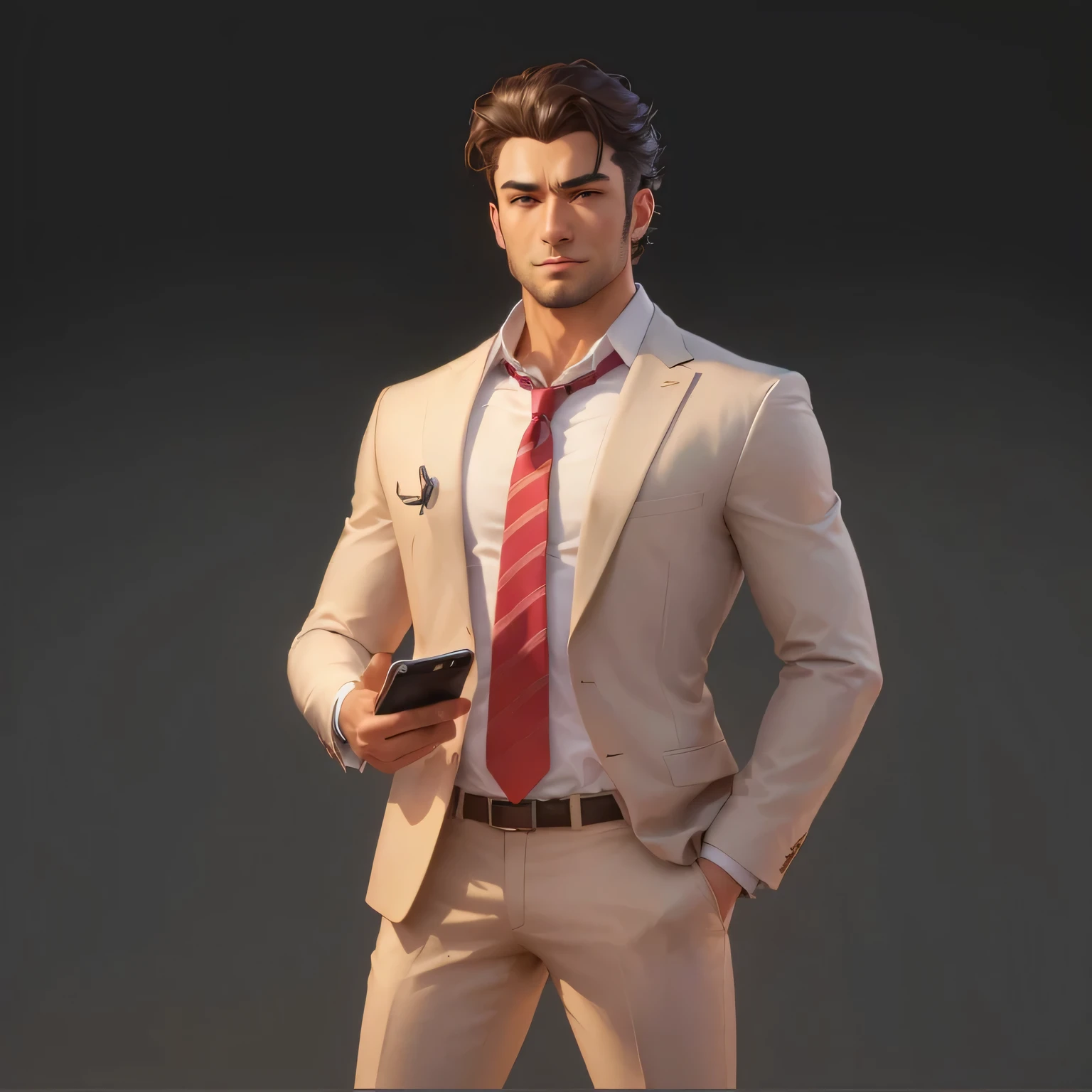 masterpiece, best quality, arafed man in a suit and tie holding a cell phone, character full body portrait, highly detailed character, full body character portrait, stylized portrait formal pose, male character, full-body character portrait, official character art, unrealistic character concept, official character illustration, human male character art, full body single character, detailed character portrait, detailed character art