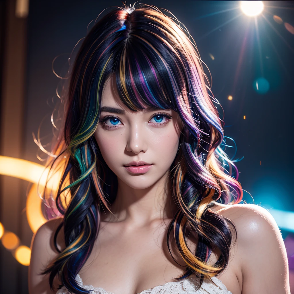 {{masterpiece}}, highest quality, Highly detailed CG Unity 8K wallpaper, cinematic lighting, Lens flare, beautiful detailed eyes, black, side line, multi-colored hair, colorful light, particle, heterochromia, (colorful:1.5), (colorful hair:1.5),
