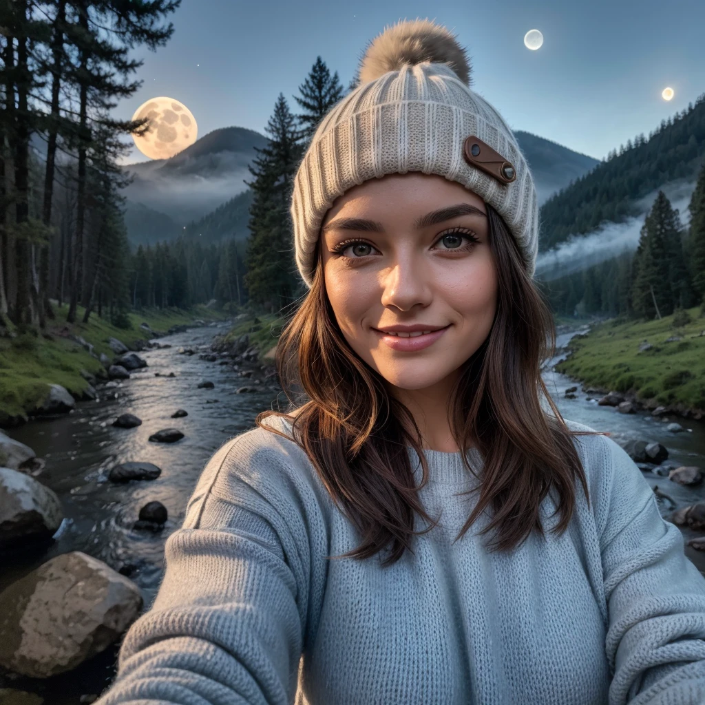 photograph, photo of beautiful woman, selfie, upper body, solo, wearing pullover, outdoors, (night), mountains, real life nature, stars, moon, cheerful, happy, gloves, sweater, beanie, forest, rocks, river, wood, smoke, fog, looking at viewer, skin texture, photo grain, close up, RAW photo,16/9