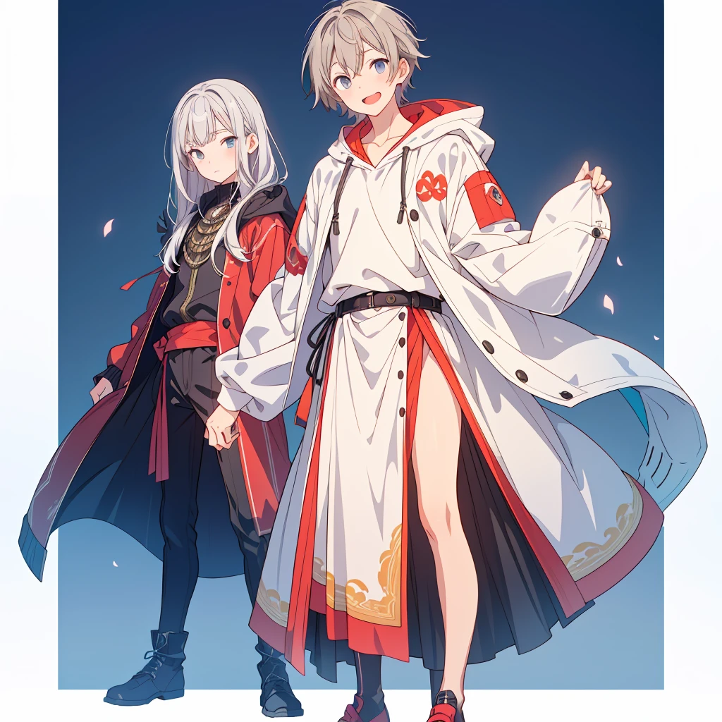 (masterpiece、最high quality、high quality)、15-year-old boy、With white hood、Long-haired、Gray Hair、Stand on white background、snake motif、Laughed、Veld's Eye、Researcher、Character Design、belt、Modern、cyber punk、neutral、Shorts、Surface with seams