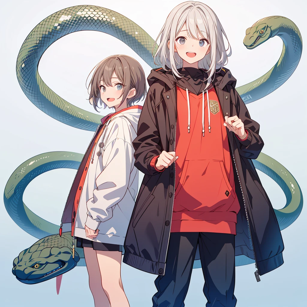 (masterpiece、最high quality、high quality)、15-year-old boy、With white hood、Long-haired、Gray Hair、Stand on white background、snake motif、Laughed、Veld's Eye、Researcher、Character Design、belt、Modern、cyber punk、neutral、Shorts、Surface with seams