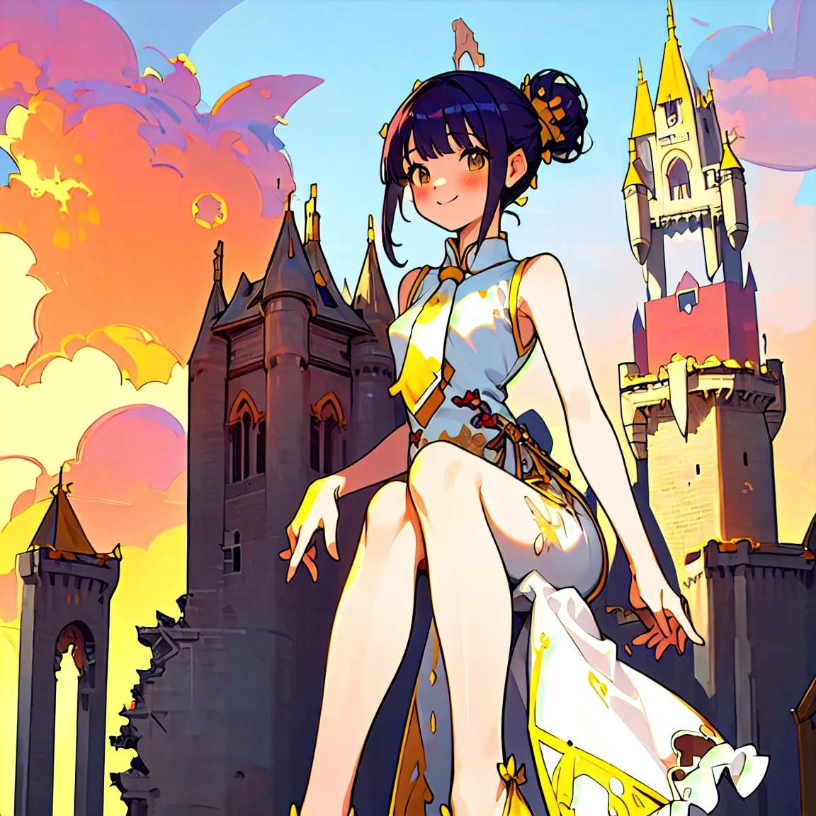 (masterpiece, best quality:1.2), dress,1girl, hair bun, hair ornament, smiling, white clothes, sleeveless, cheongsam, princess dress, collared shirt, necktie, long dress, frill panniers, metamorphosis is exposed, leggings, boots, sandals, bare legged, background with((fantasy world, ruin, castle, beautiful sky, shining sky, sunshine:1.35))