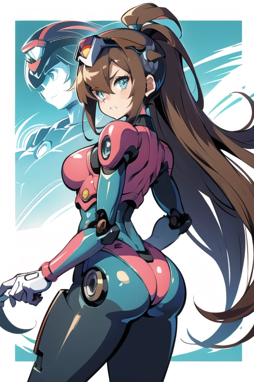 Mega Man-style girl robot, Expressing the appearance of a cyborg ,She has medium breasts and a curvy ass,goggles