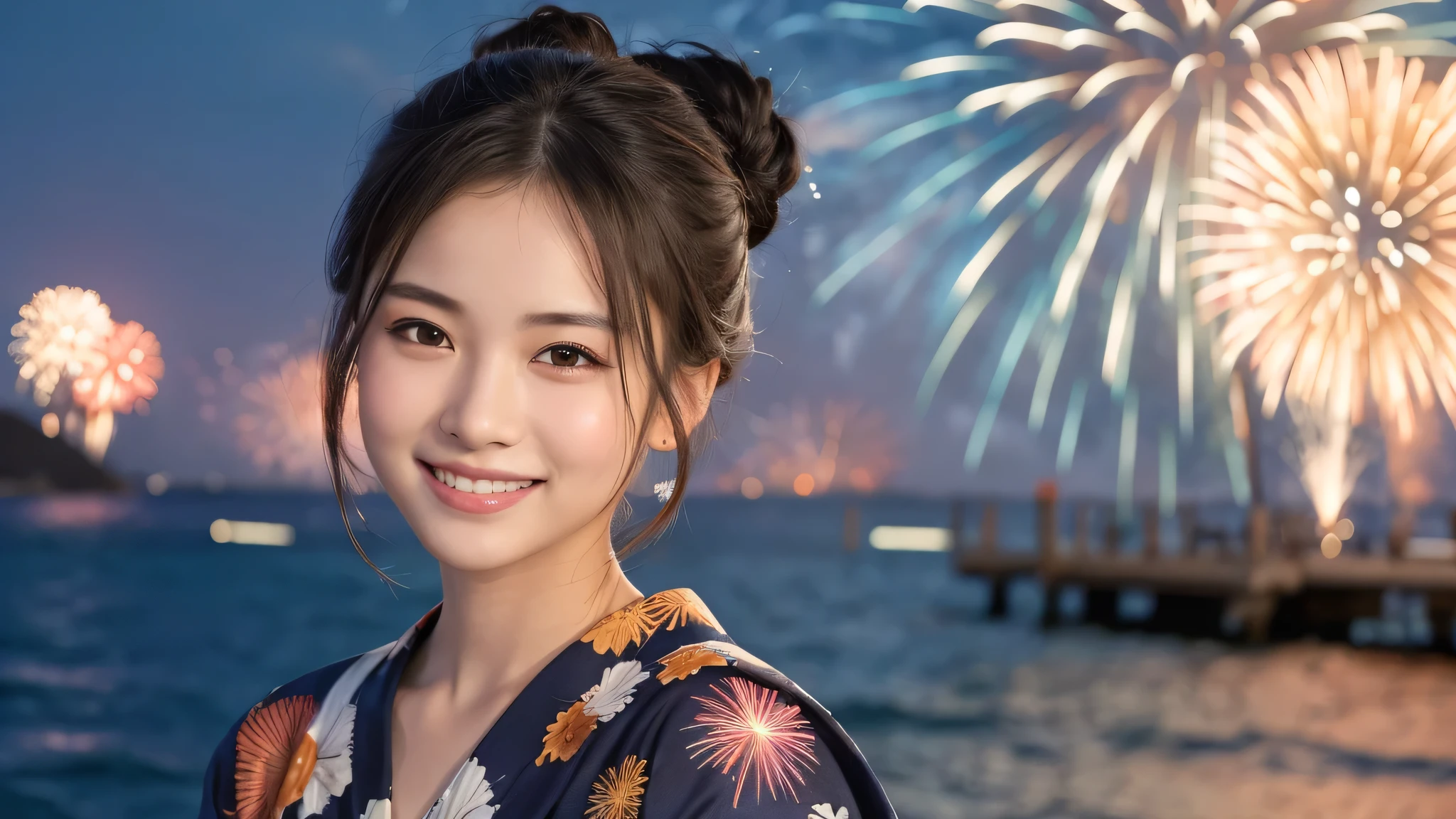 kawaii face, (1girl), (happy smile:1.2), (yukata), Updo hairstyle, (Best Quality:1.4), Realistic, extremely detailed CG unified 8k wallpaper, highly detailed, High-definition raw color photos, professional photography, Realistic portrait, Beautiful detailed, Close up portrait of girl, Outdoors, Beautiful scenery, beach, (The night sky, fireworks, beautiful fireworks spreading across the sky:1.4), so beautiful, upper body photos, amazingly beautiful sight, A wonderful, (Fine face:1.2),