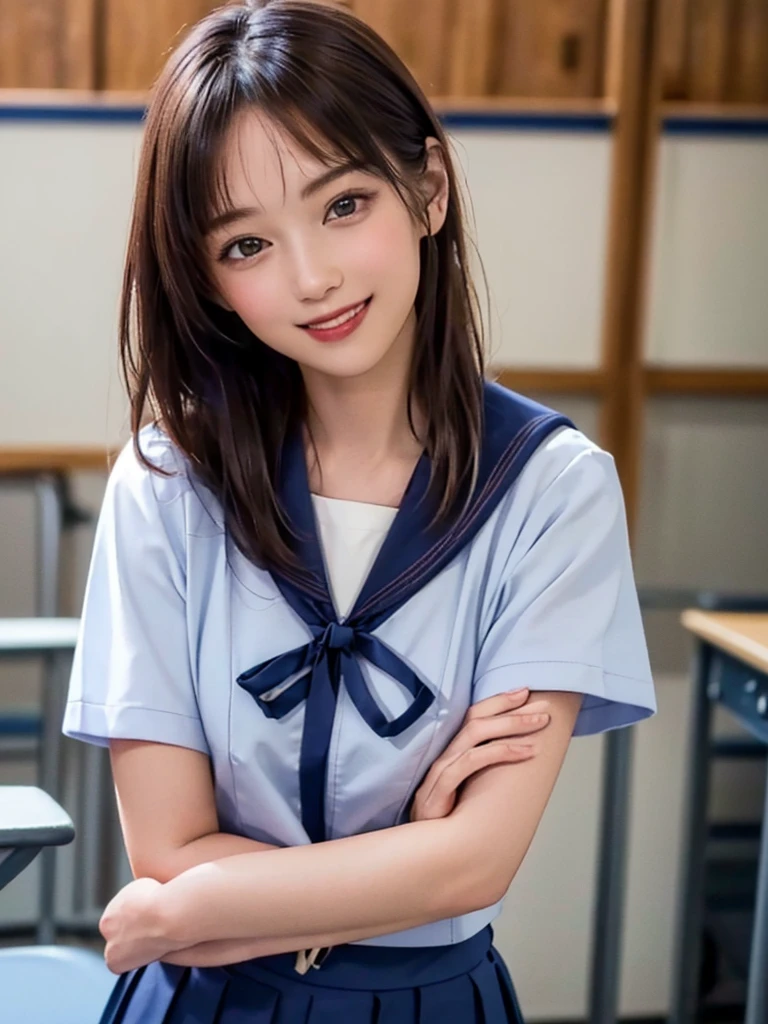 (Highest quality、8k、32K、masterpiece)、(Realistic)、(Realistic:1.2)、(High resolution)、Very detailed、Very beautiful face and eyes、(((Women's Solo Shot)))、Frame In、Tight waist、(Highest quality、Attention to detail、Rich skin detail)、(Highest quality、8k、Oil paints:1.2)、(Realistic、Realistic:1.37)、Bright colors、(((Cowboy Shot)))、(((Medium Hair)))、(((smile)))、(((Brown Hair)))、(((Sailor suit、Red ribbon tie、Short sleeve)))、(((Navy blue pleated skirt)))、(((Inside the school building)))、(((Students having fun)))、((Arms crossed))、(((school uniform, Sailor suit、白いSailor suit, Dark blue pleated skirt:1.23)))