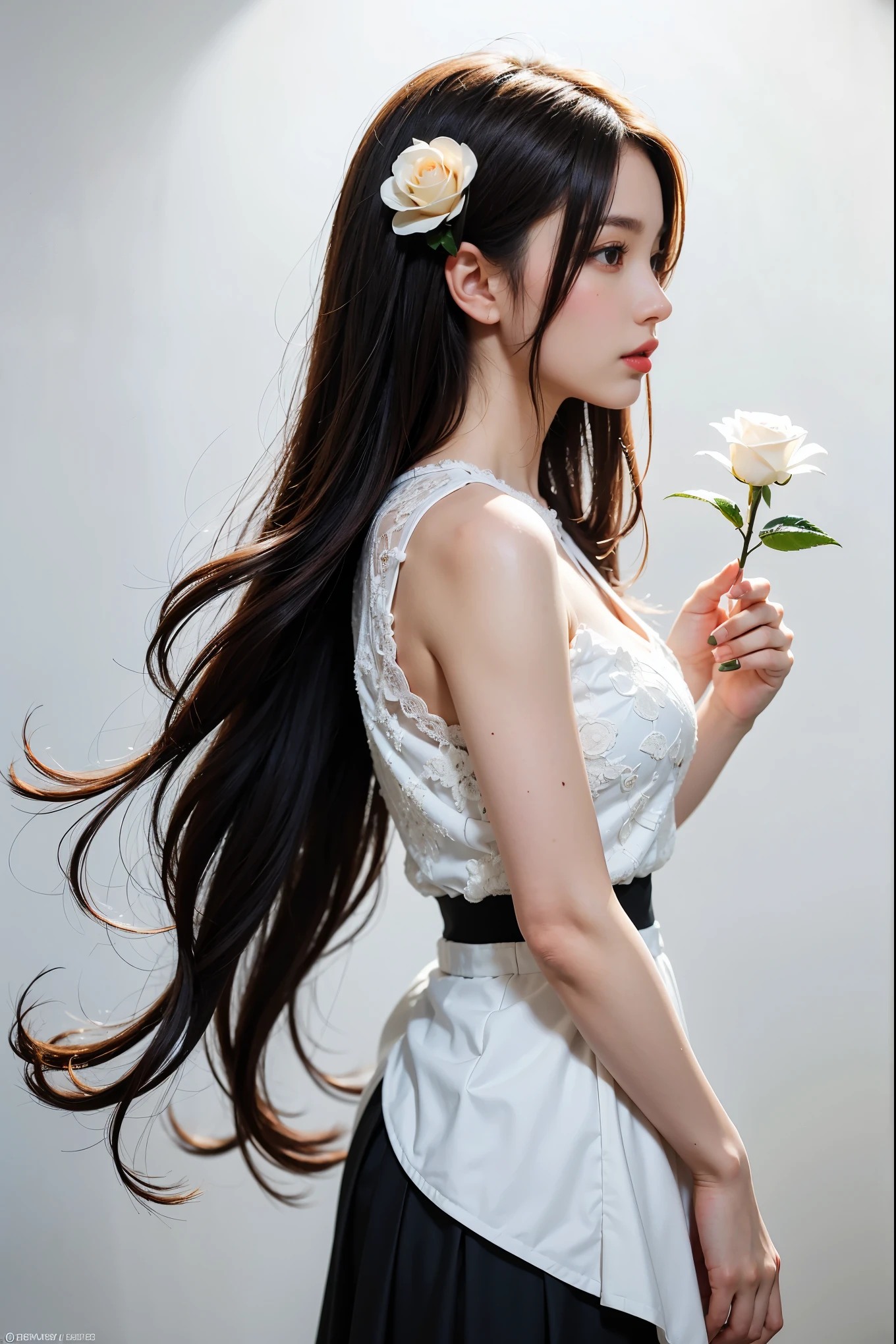 A captivating illustration of a woman's close-up profile, with cascading hair that blends seamlessly into the abstract blue and white background. She is elegantly dressed in a white top and flowing skirt, creating a sense of movement. Holding a white rose delicately in her hand, she is surrounded by a cloud of other white roses, enhancing the dreamy and ethereal atmosphere. The vibrant colors and dynamic composition make this a stunning piece of art that could easily be transformed into a poster or a painting.