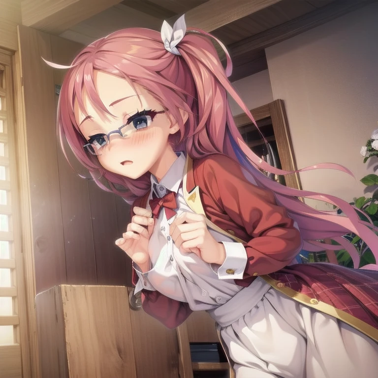 (Tabletop:1.0), (highest quality:1.4), (High resolution:1.2), From the side,Sharp contours, boyish, highest quality, masterpiece,Glasses,Voice of the Heart,20-year-old woman,yandere,Big Breasts,Chest to chest,Lying face down,Upper Body,Ecstasy,blush,Squint your eyes,Tuck up your clothes,lure