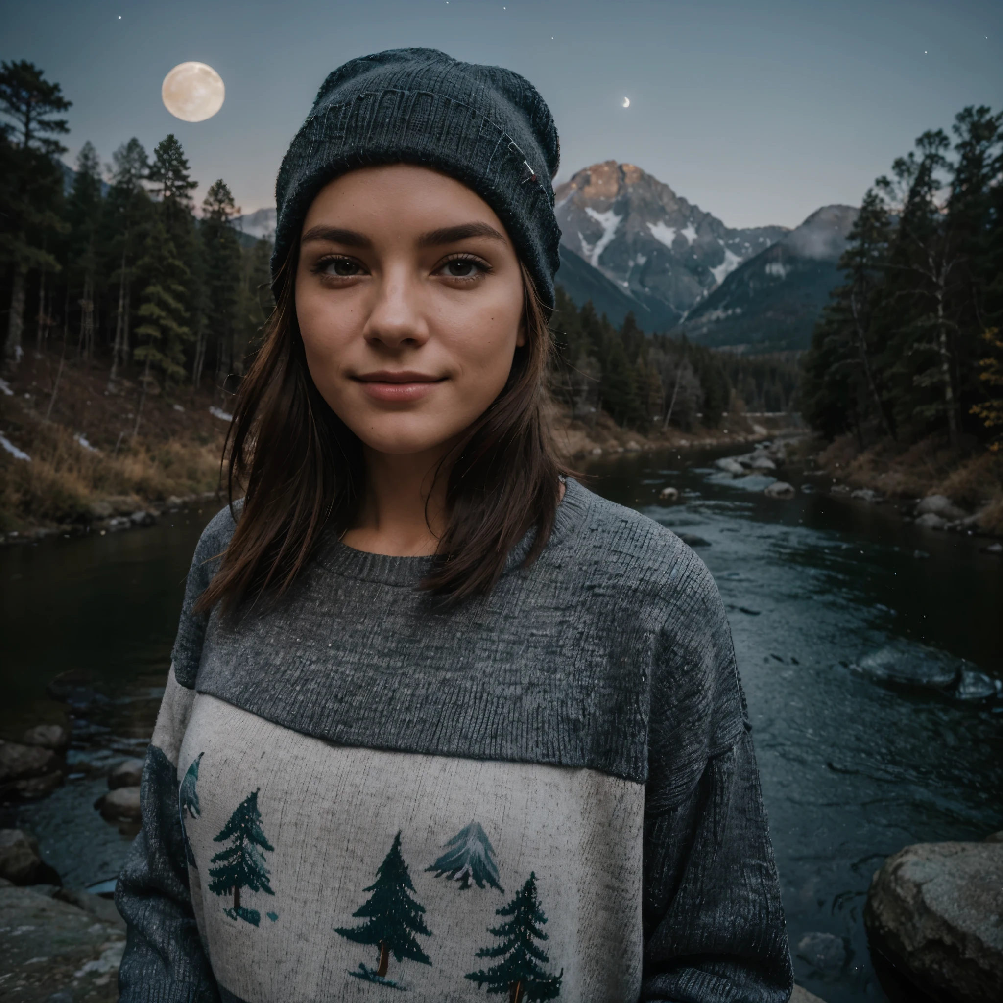 photograph, photo of beautiful woman, selfie, upper body, solo, wearing pullover, outdoors, (night), mountains, real life nature, stars, moon, cheerful, happy, gloves, sweater, beanie, forest, rocks, river, wood, smoke, fog, looking at viewer, skin texture, photo grain, close up, RAW photophotograph, photo of beautiful woman, selfie, upper body, solo, wearing pullover, outdoors, (night), mountains, real life nature, stars, moon, cheerful, happy, gloves, sweater, beanie, forest, rocks, river, wood, smoke, fog, looking at viewer, skin texture, photo grain, close up, RAW photo,16/9