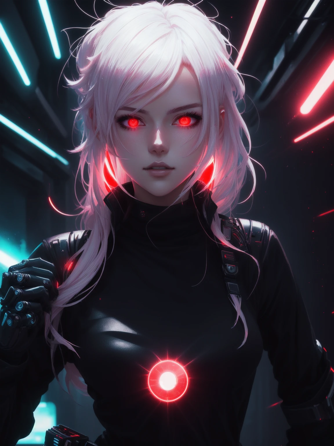 a close up of a woman in a black top and red laser lights, bright aura, bright aura white light, badass anime 8 k, bright and cinematic lighting, anime style 4 k, emitting bright white aura, glowing, white aura, cyberpunk anime girl, female cyberpunk anime girl, anime cyberpunk art, alena aenami and artgerm