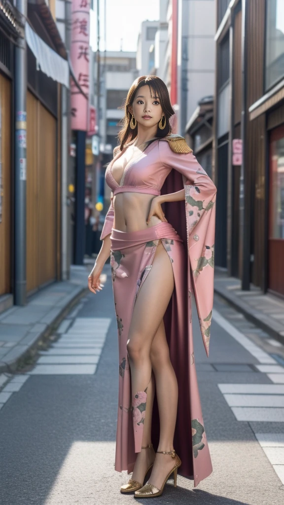 Moisturized skin, (Pink and bright eyes), (Looking down on someone), Perfect body,
(Beautiful navel), (Side slit), (Epaulets), Cape, Crop top, Cloak,
(Super long hair), (Large gold and curved earrings: 1.2),
(((Excellent + Top quality + High resolution + Very detailed))), (Full body: 1.2), Symmetrical, One shot,
(Japanese city streets: 1.3),
(ONE PIECE), (Kasumi Arimura: 1.4), (Boa Hancock: 1.2), ((Large snake)),