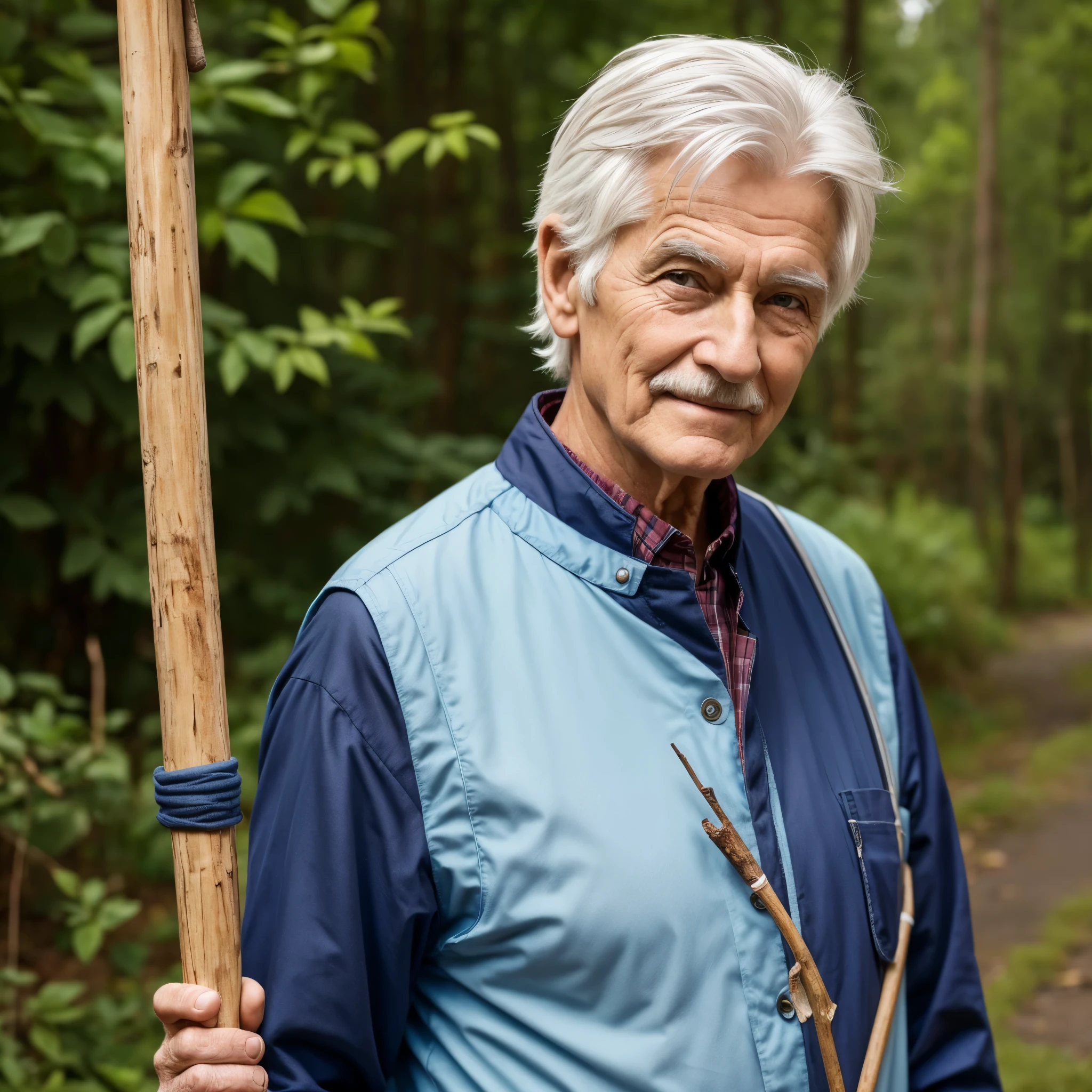 senior citizen, older, White hair, standing with a walking stick in hand, smirk on face, brnaoc background