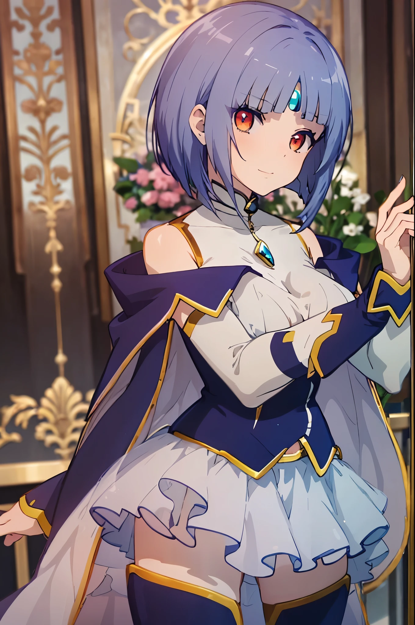 (masterpiece), (best quality), (ultra-detailed), (best illustration), (best shadow), (absurdres), (detailed background), (very aesthetic), (((SimaDef))), 1girl, solo, looking at viewer, upper body, bare shoulders, cape, capelet, red eyes, eye focus, flower, Long eyelashes, blush, smile, cowboy shot, standing, (((contrapposto))), Perfect lighting, Perfect breasts, Perfect Face, Perfect Eyes, anime, anime official artwork, azur lane style, official art, official anime artwork, (Textured Skin), (shiny hair), (cute), (Slim type body), cel shading, (a woman in a short dress and a cape is standing, aqua from konosuba, rei hino as a princess, style of magical girl, portrait knights of zodiac girl, anime girl named lucy, female anime character, knights of zodiac girl, full body with costume, anime full body illustration, magic , anime visual of a young woman, portrait of magical girl), nijistyle, 恥ずかしい、bitch,　indoor, 