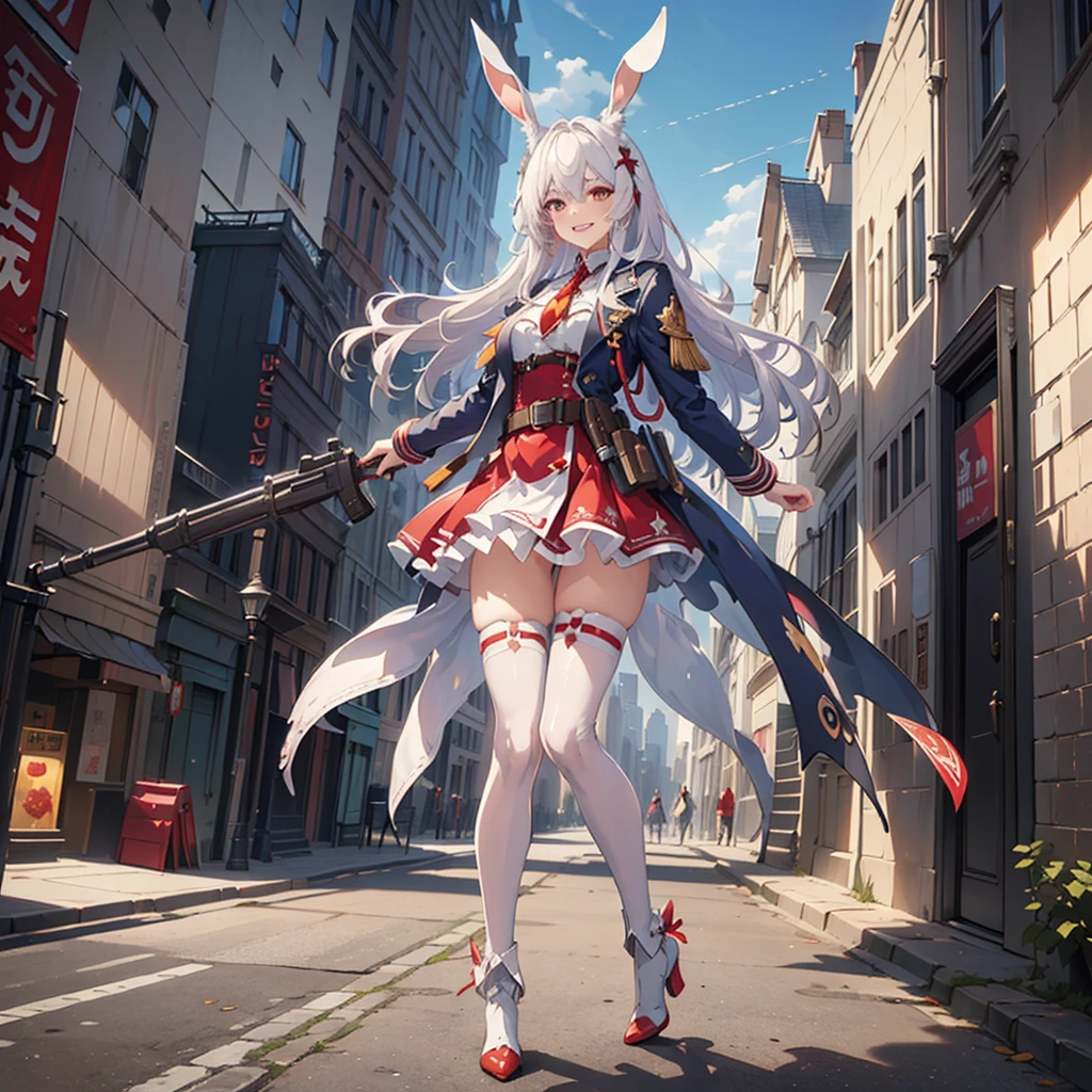 (masterpiece), Highest quality, Fantasy art, One girl,alone, a girl firing her long machine gun in Wonderland, white_hair, long hair, anger, Grin, smile, (red_Food:1.4), Bunny ears, Long coat, skirt, boots, (((Ammunition belt))), gun, Bullet casing, machine gun, arms, (Wonderland:1.2), city