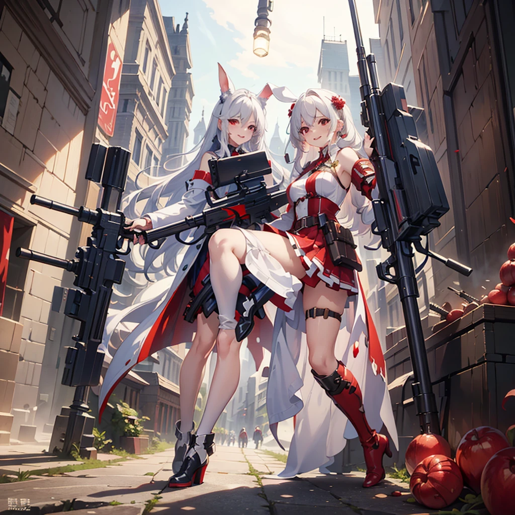 (masterpiece), Highest quality, Fantasy art, One girl,alone, a girl firing her long machine gun in Wonderland, white_hair, long hair, anger, Grin, smile, (red_Food:1.4), Bunny ears, Long coat, skirt, boots, (((Ammunition belt))), gun, Bullet casing, machine gun, arms, (Wonderland:1.2), city
